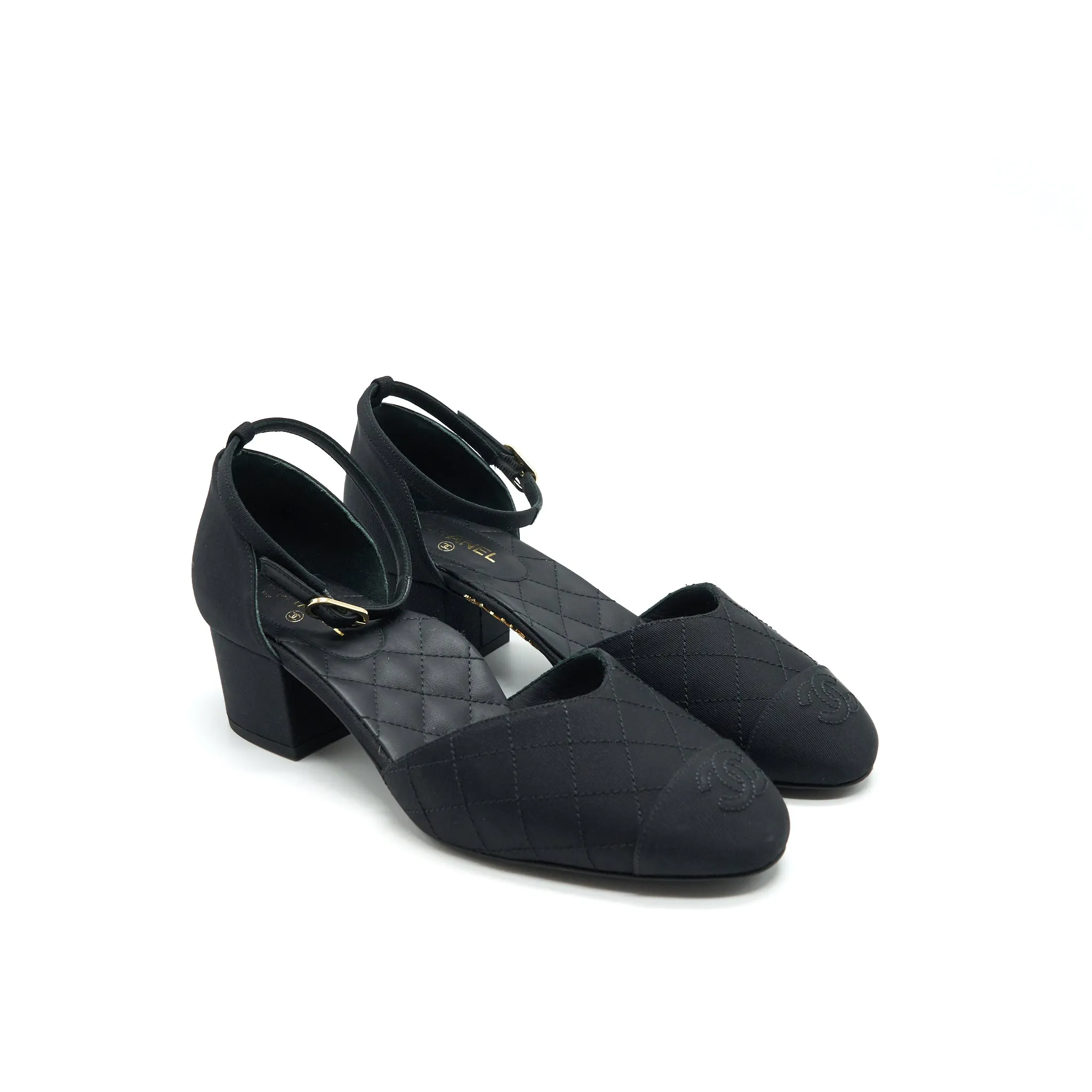 Chanel Size 38 Black Low Heel Pumps Transparent Wedges