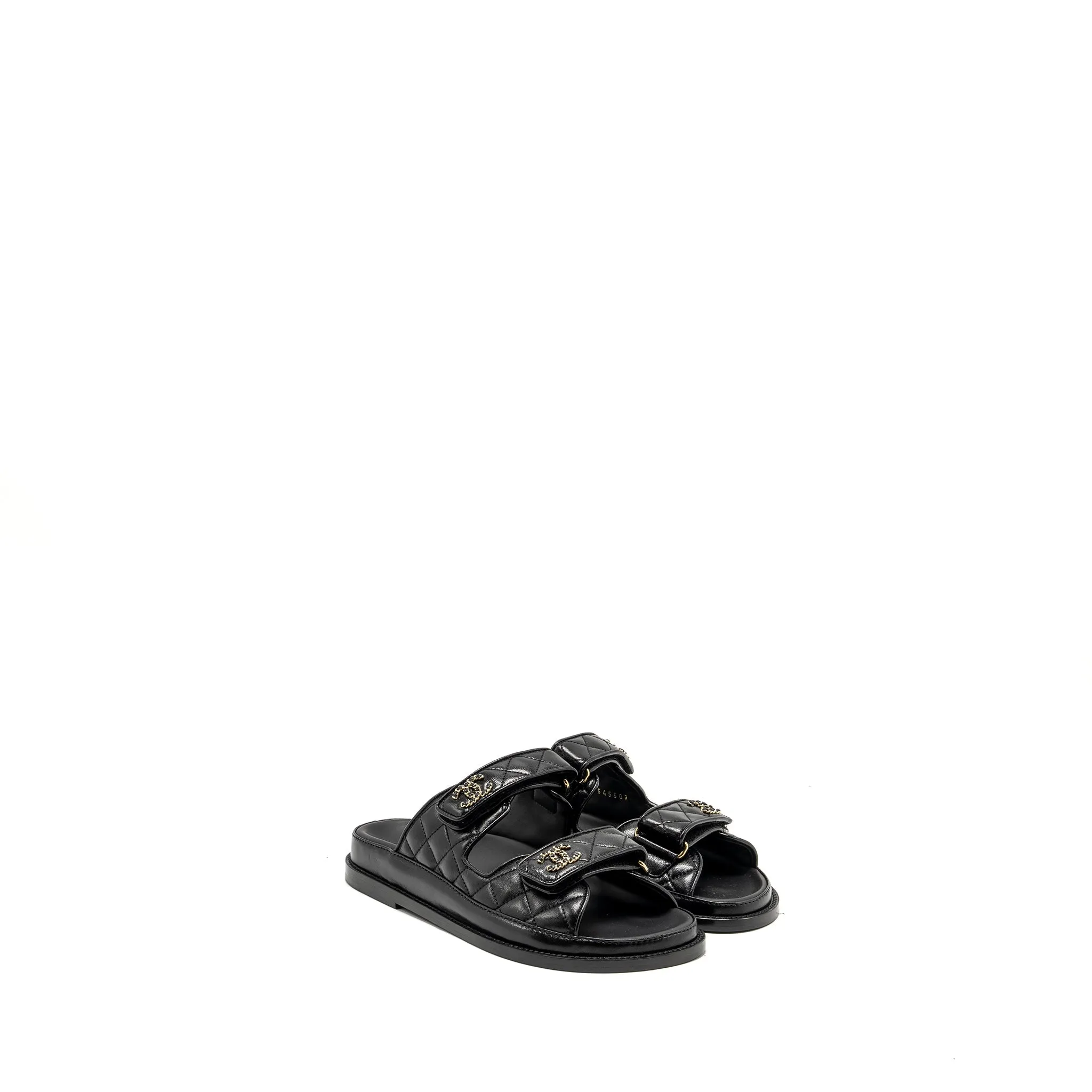 Chanel Size 38 CC logo Dad Sandals Leather Black Light Gold Tone Smooth Pad