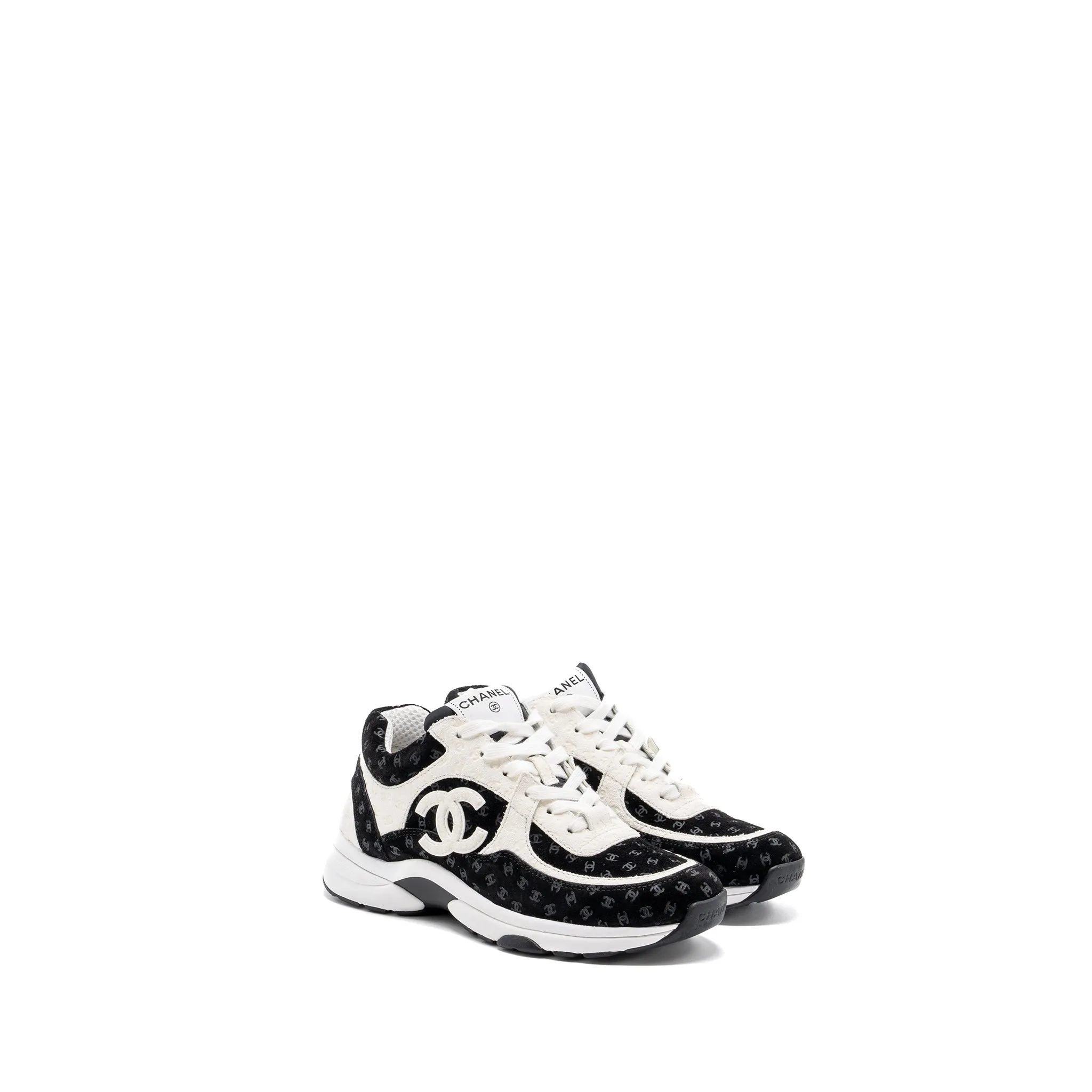 Chanel Size 38 CC Logo Printed Trainer/Sneaker Suede Black/White True Fit