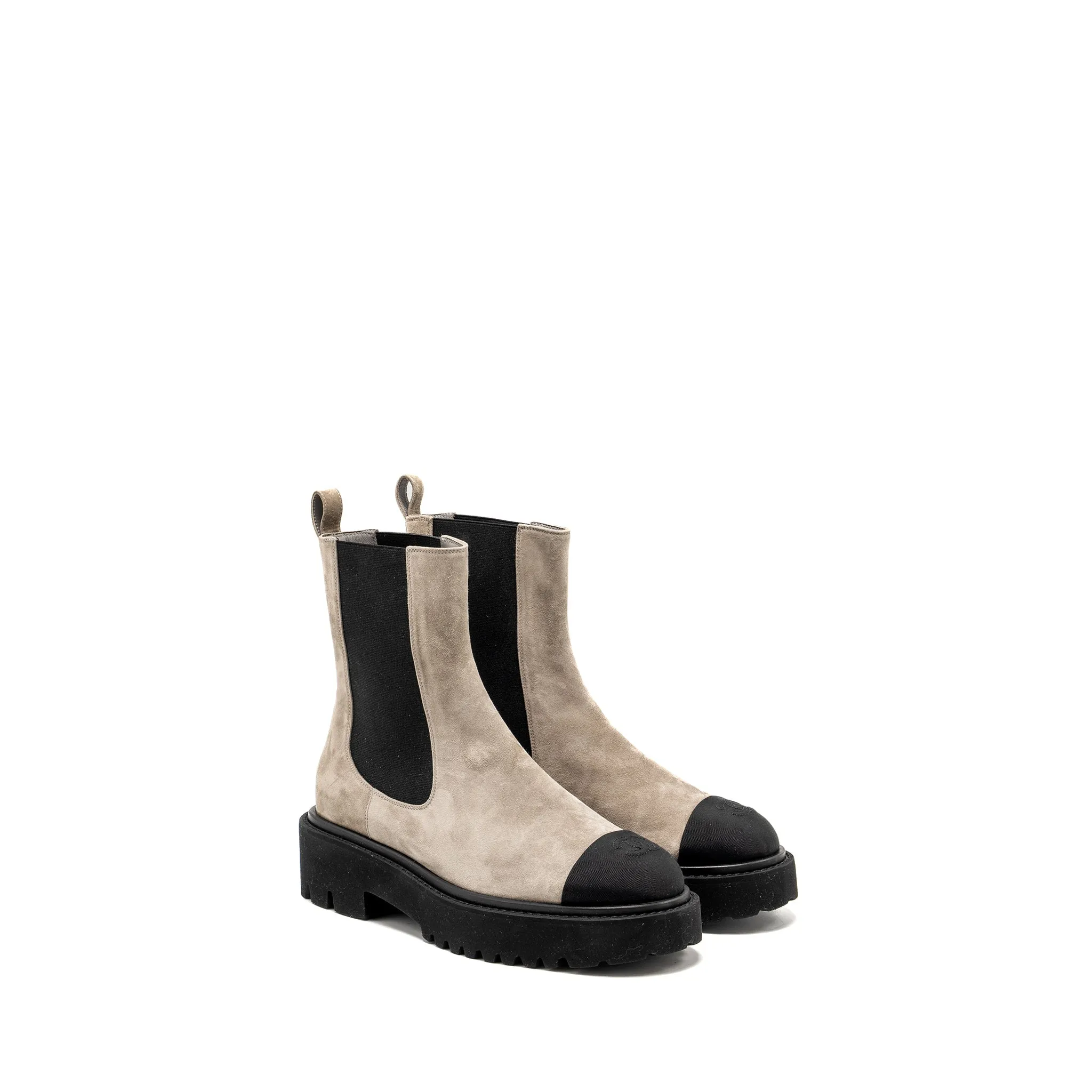 Chanel Size 39 22K Ankle Boots Suede Calfskin/Grosgrain Light Grey/Black Grip Base