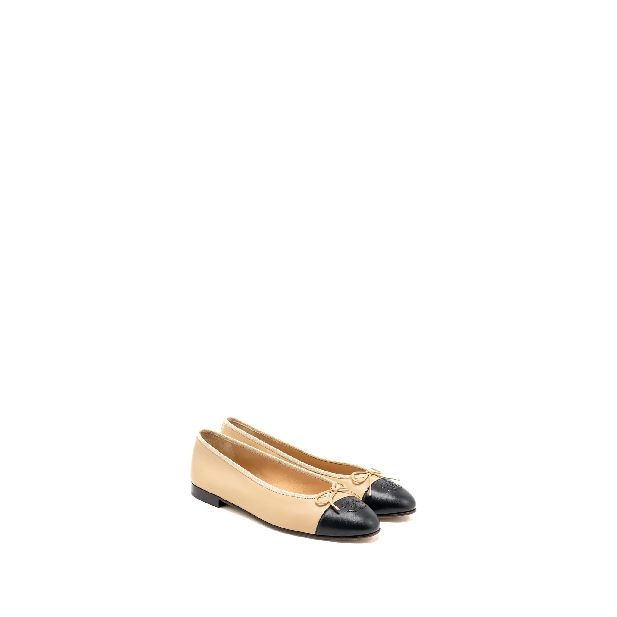 Chanel Size 41.5 Ballerina Flat Shoes Lambskin Beige/Black Reinforced-toe