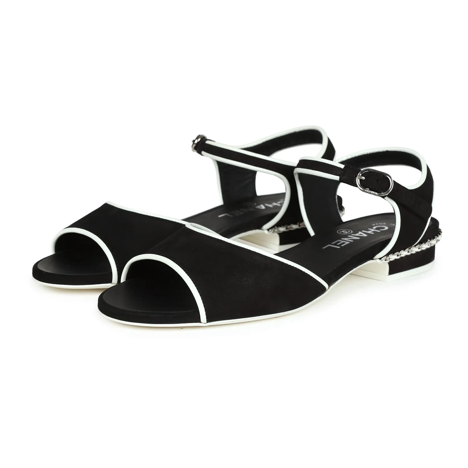 Chanel Slingback Sandals Black and White Suede and Lambskin Silver Hardware 37 EU Statement Heels