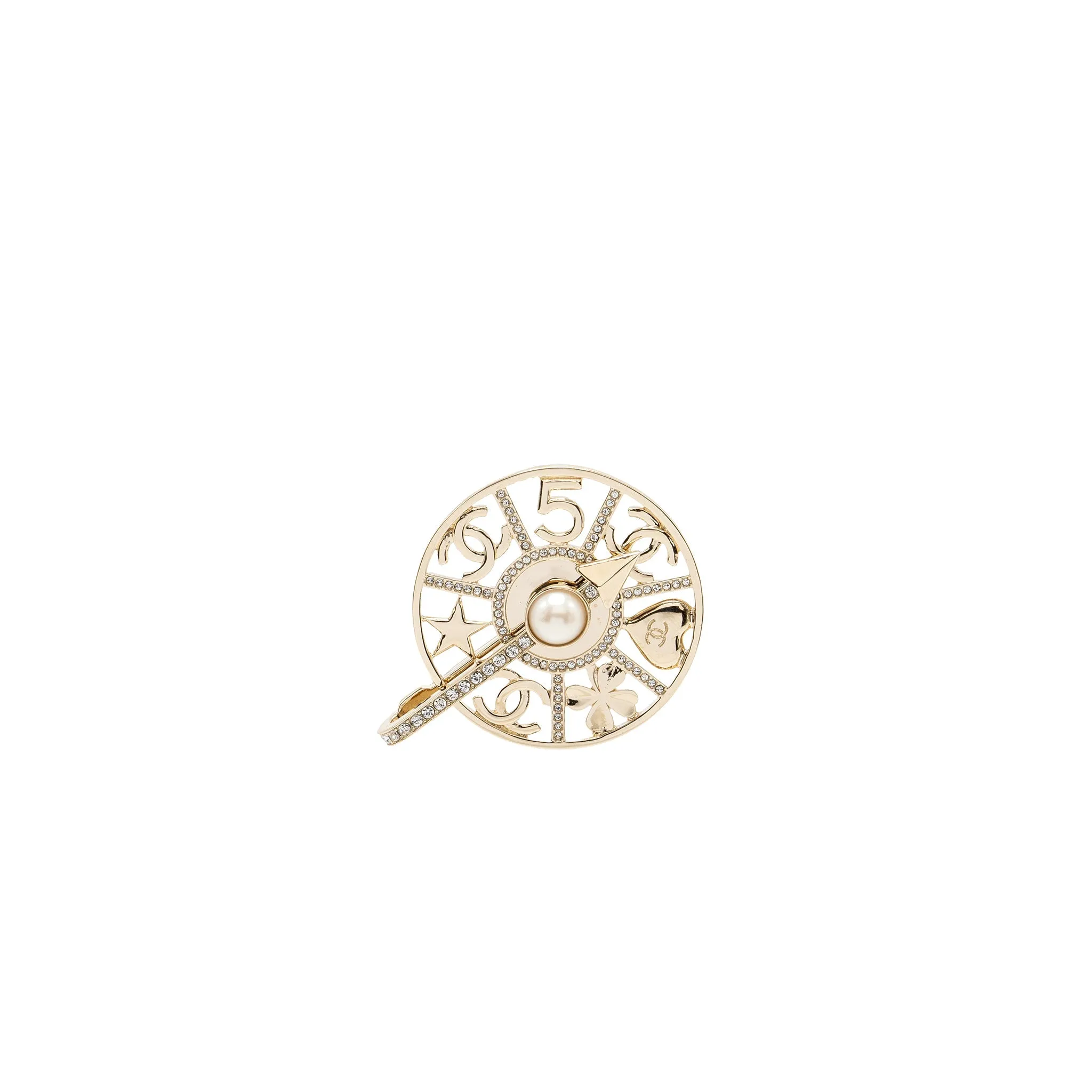 Chanel Strass spinning wheel pin brooch with Crystal / pearl Light Gold tone Durable Sole