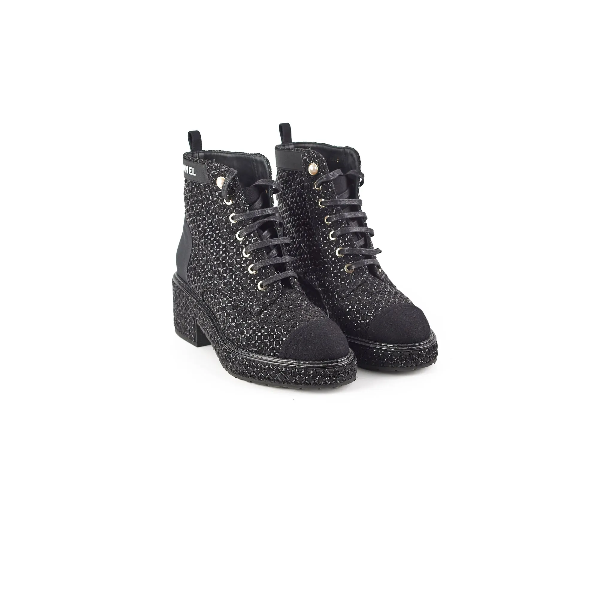 Chanel Tweed Black Boots Size 35.5 High Support
