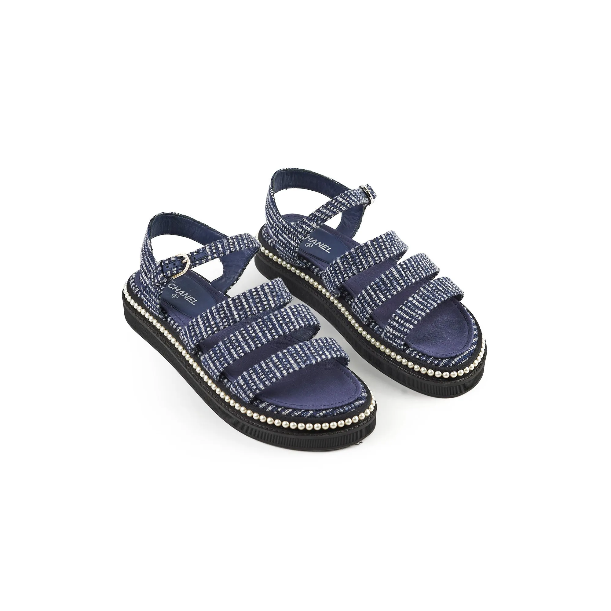 Chanel Tweed Sandals with Pearls Size 40 Blue Traction Control