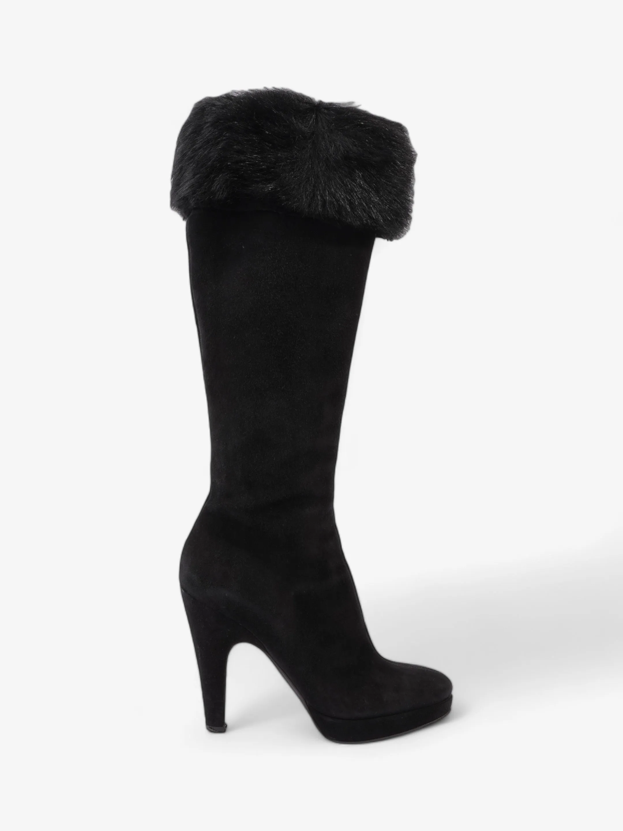 Comfort Wrap Prada Fur Trim Calf Boots 100mm Black Suede EU 37 UK 4