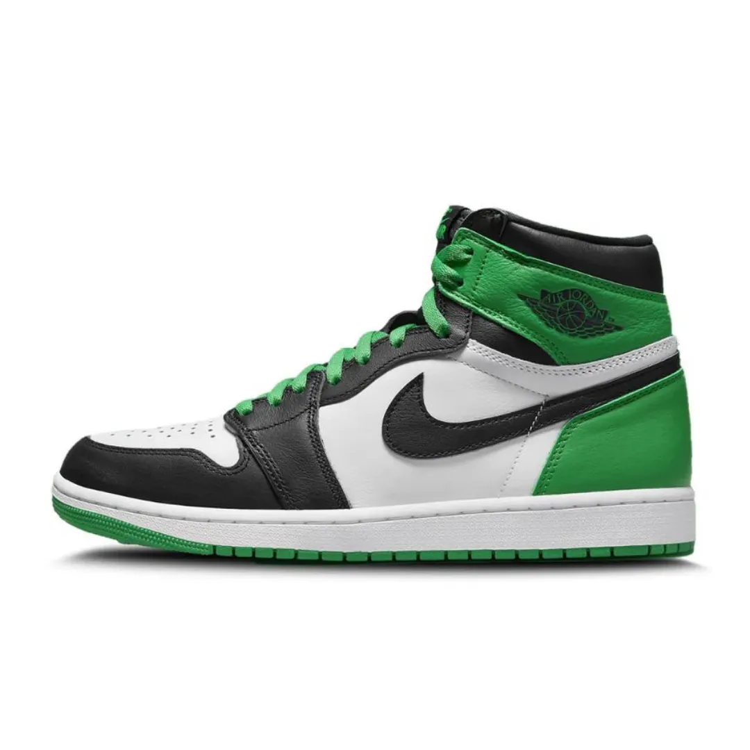 The Air Jordan 1 Retro High Black and Lucky Green is constructed using a leather upper, brought to life with shades of white, black and Lucky Green throughout. Lucky Green Nike branding sits on top of the black tongue and insoles of the sneaker, available 