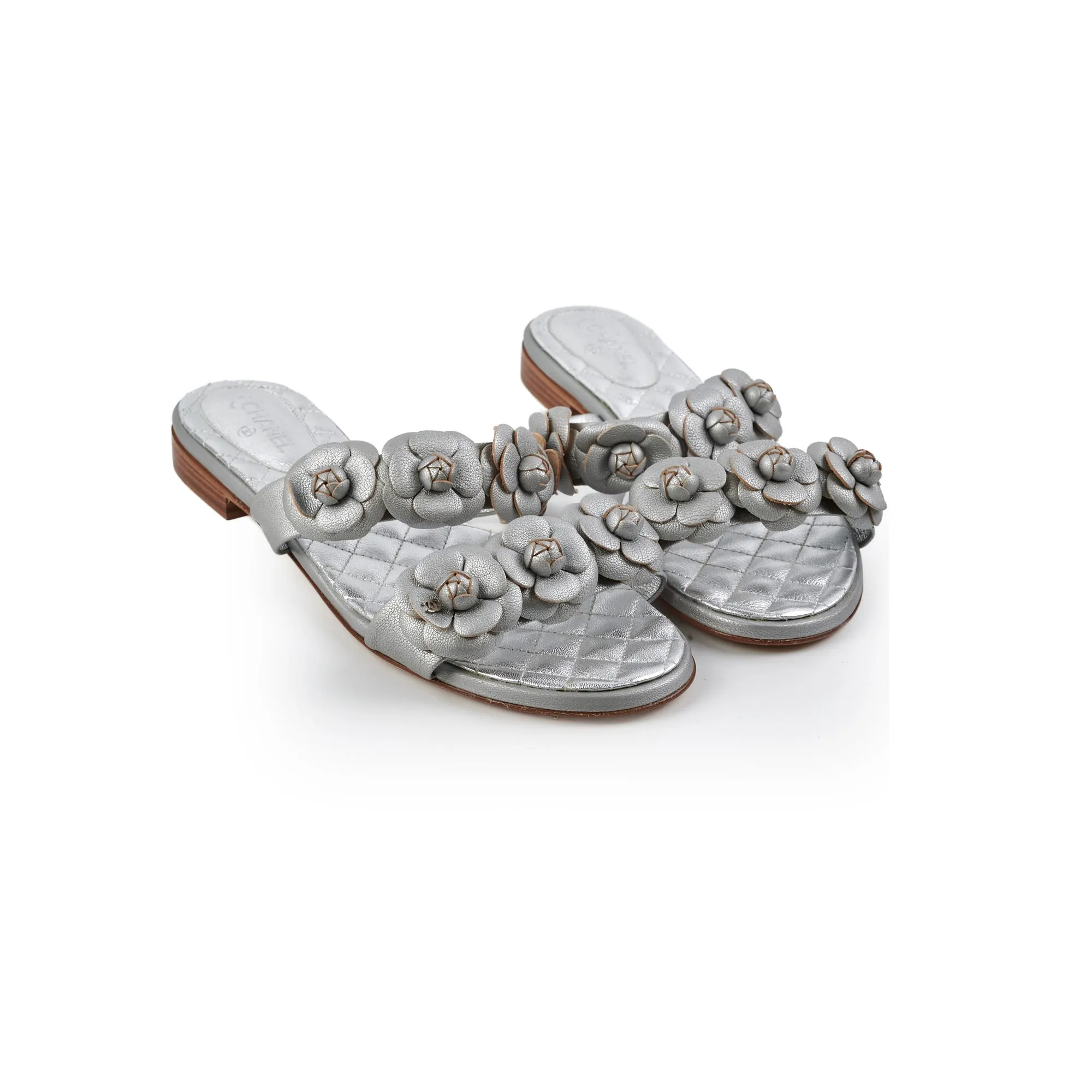 Cozy Interior Chanel Lambskin Camelia Silver Sandals Size 40