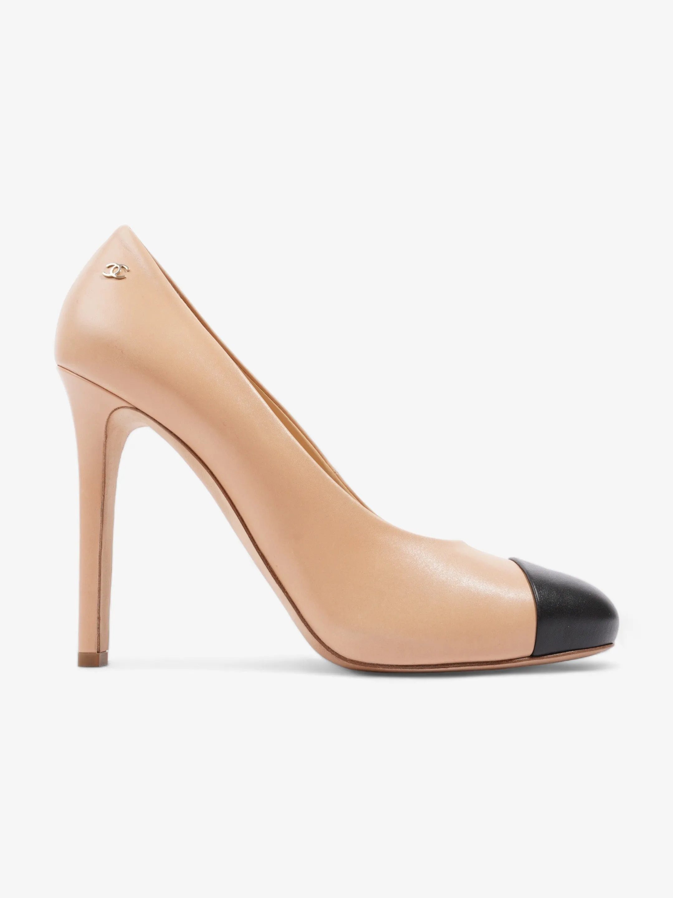 Durable Sole Chanel CC Cap Toe Heels 110 Nude / Black Leather EU 41 UK 8