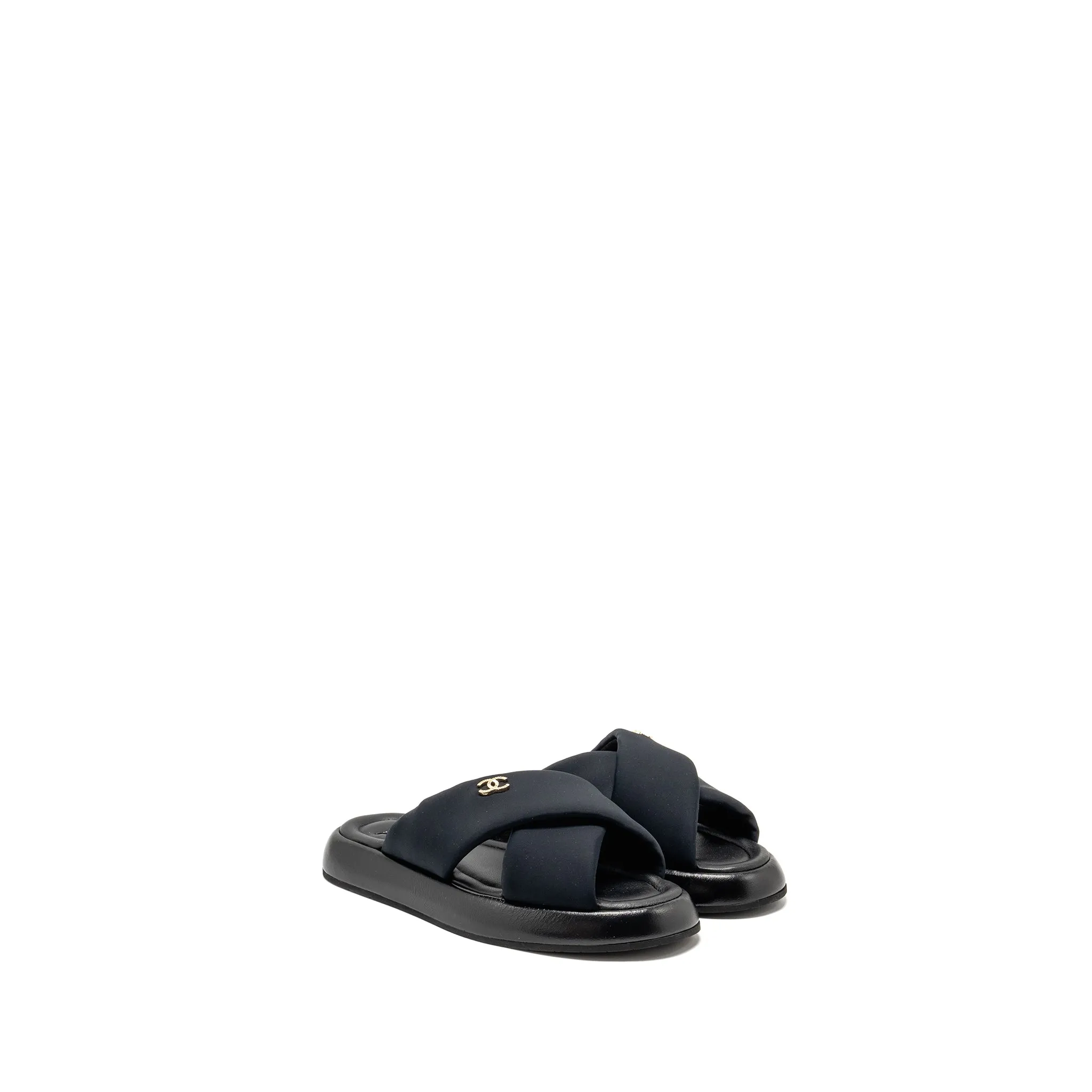 Easy Slide Chanel Size 38 CC Puffy Mule Sandals Fabric/Leather Black