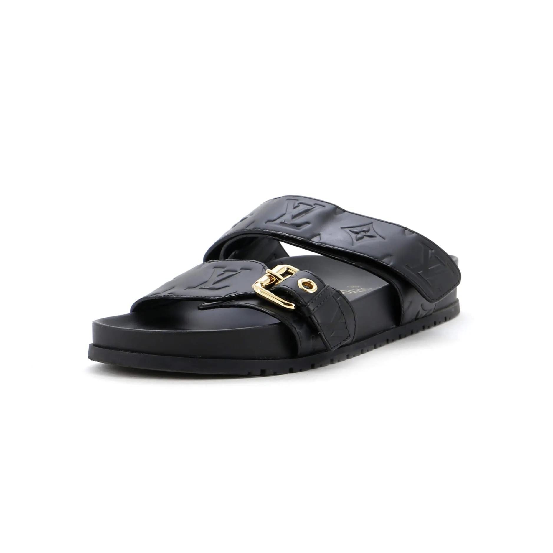 Effortless Glide Louis Vuitton Women's Bom Dia Flat Mules Monogram Embossed Leather