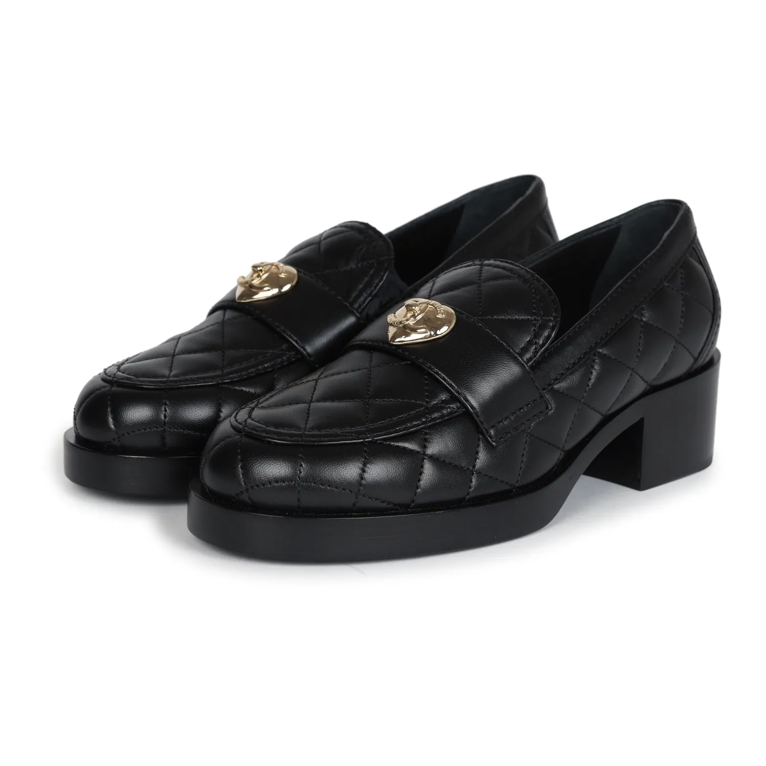 Enhanced Mobility Chanel CC Quilted Heart Heel Loafers Black Lambskin Light Gold Hardware 36 EU