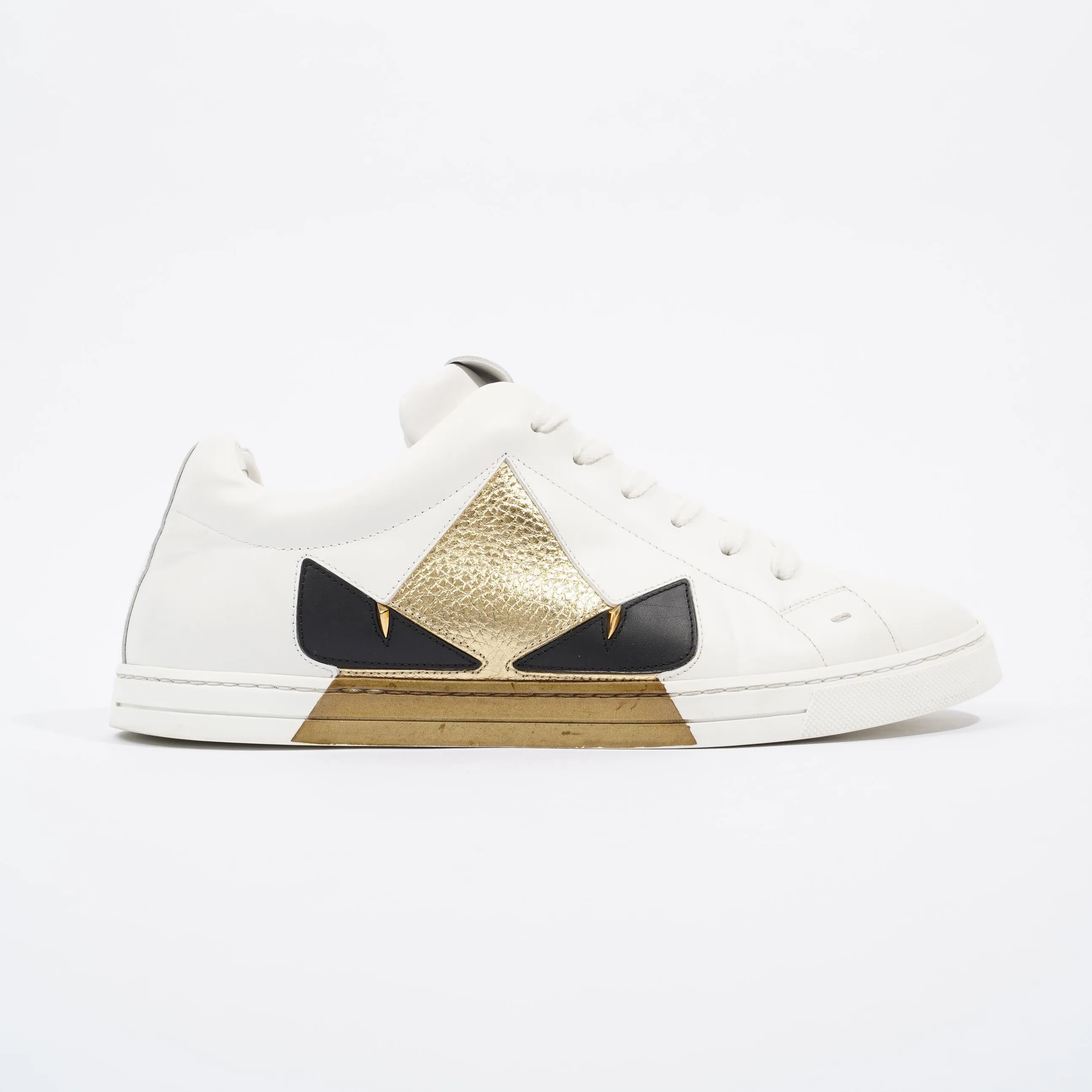 Fendi Monster Eyes Sneaker White / Gold / Black Leather EU 42 UK 8 Low Weight