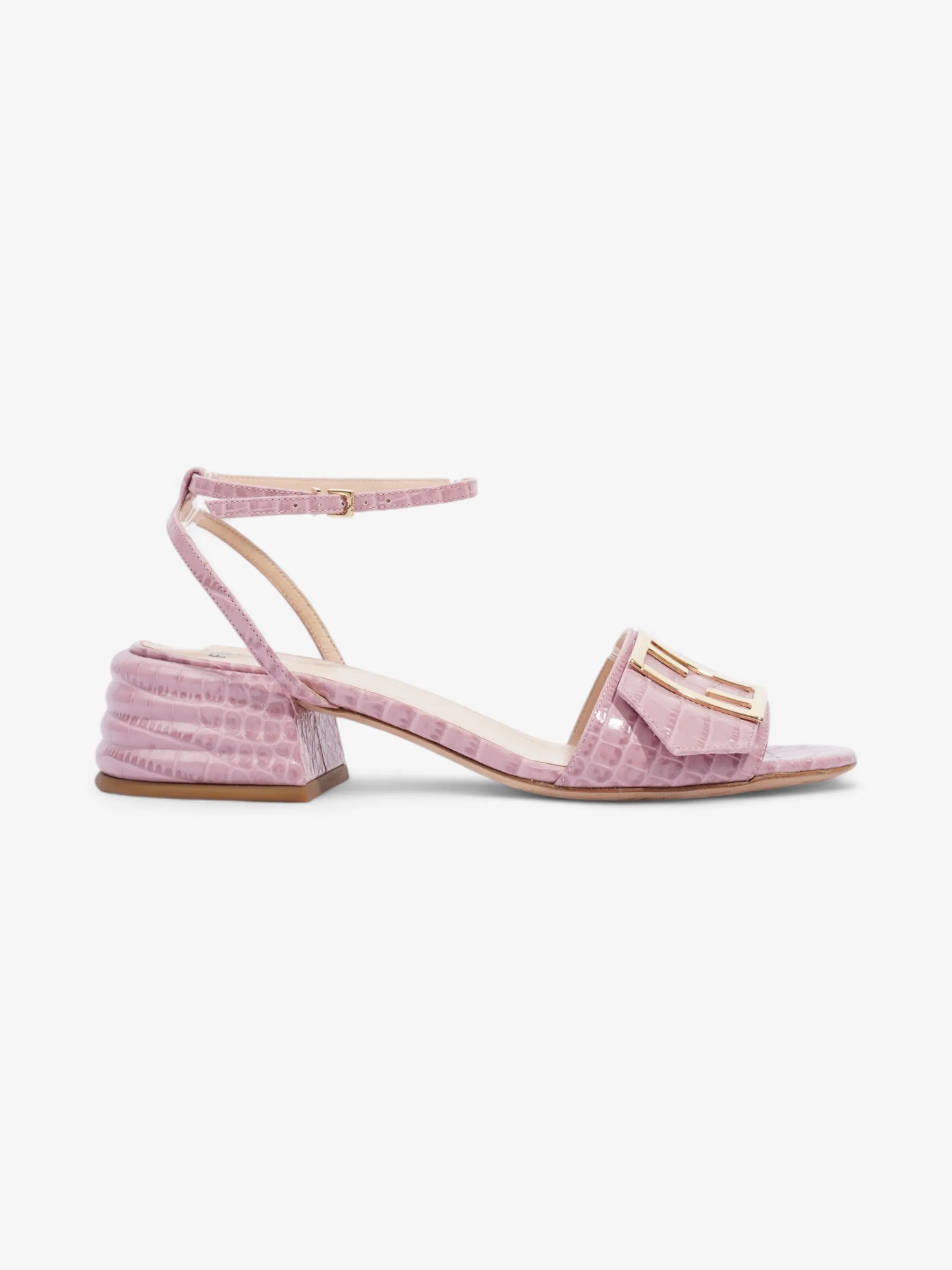 Fendi Promenade Ankle Strap Sandals 40mm Pink / Gold Embossed Leather EU 39 UK 6 Designer Heeled Sandals