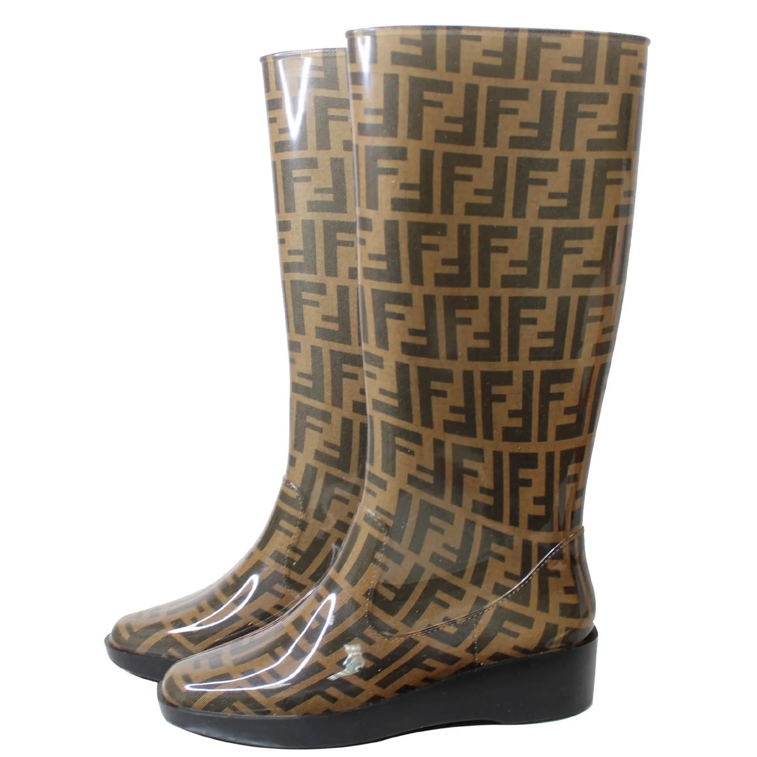 FENDI Tobacco Zucca Rubber Wedge Rain Boots Brown US 8 Grip Steel