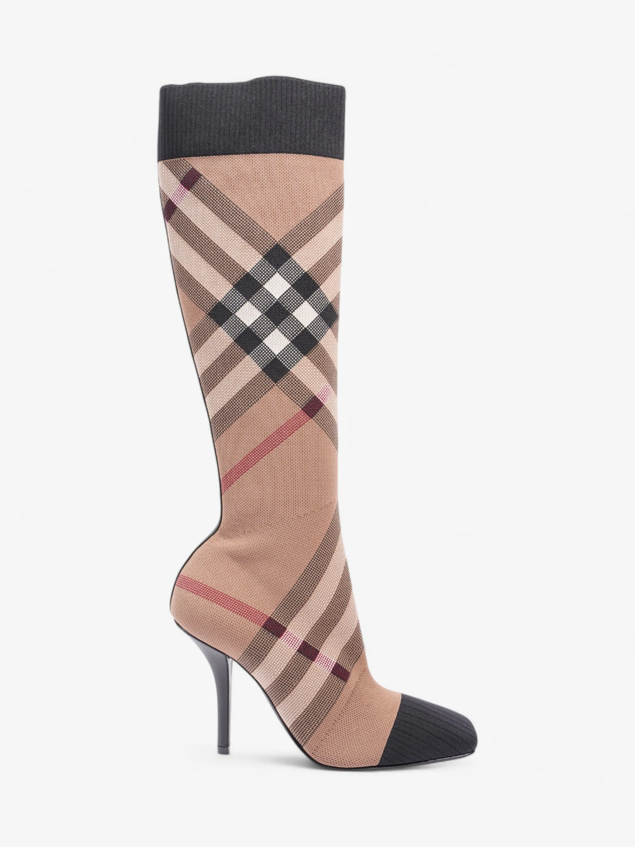 Flex Pro Burberry Vintage Check Sock Knee Boots 105 Brown / Black / White Fabric EU 37 UK 4