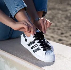 Adidas Superstar Glitter Black Silver Cuore Strass & Lacci Raso Breathable Fit