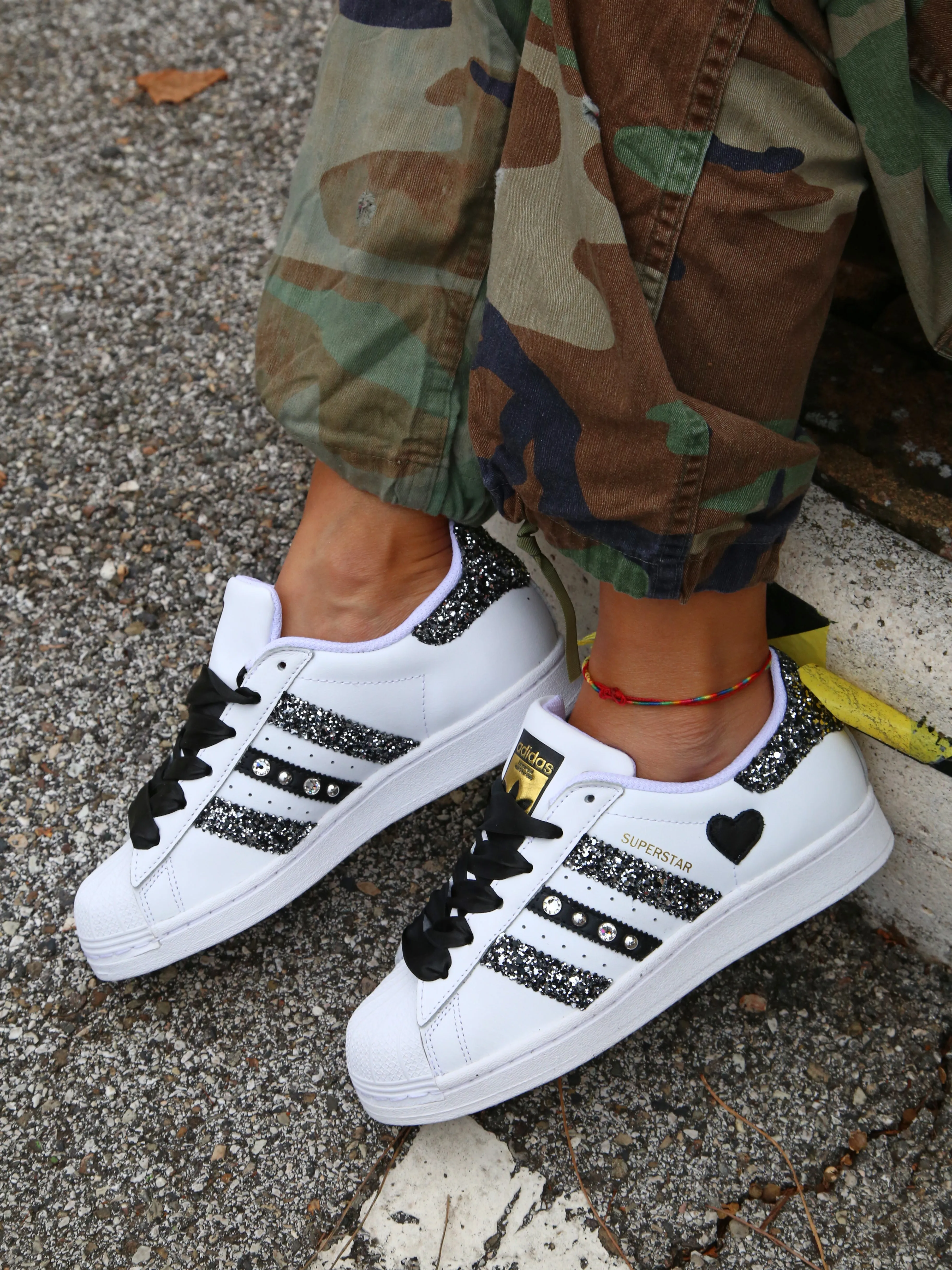 Flexible Step-On Glide Comfort Adidas Superstar Glitter Black Silver Cuore Strass & Lacci Raso
