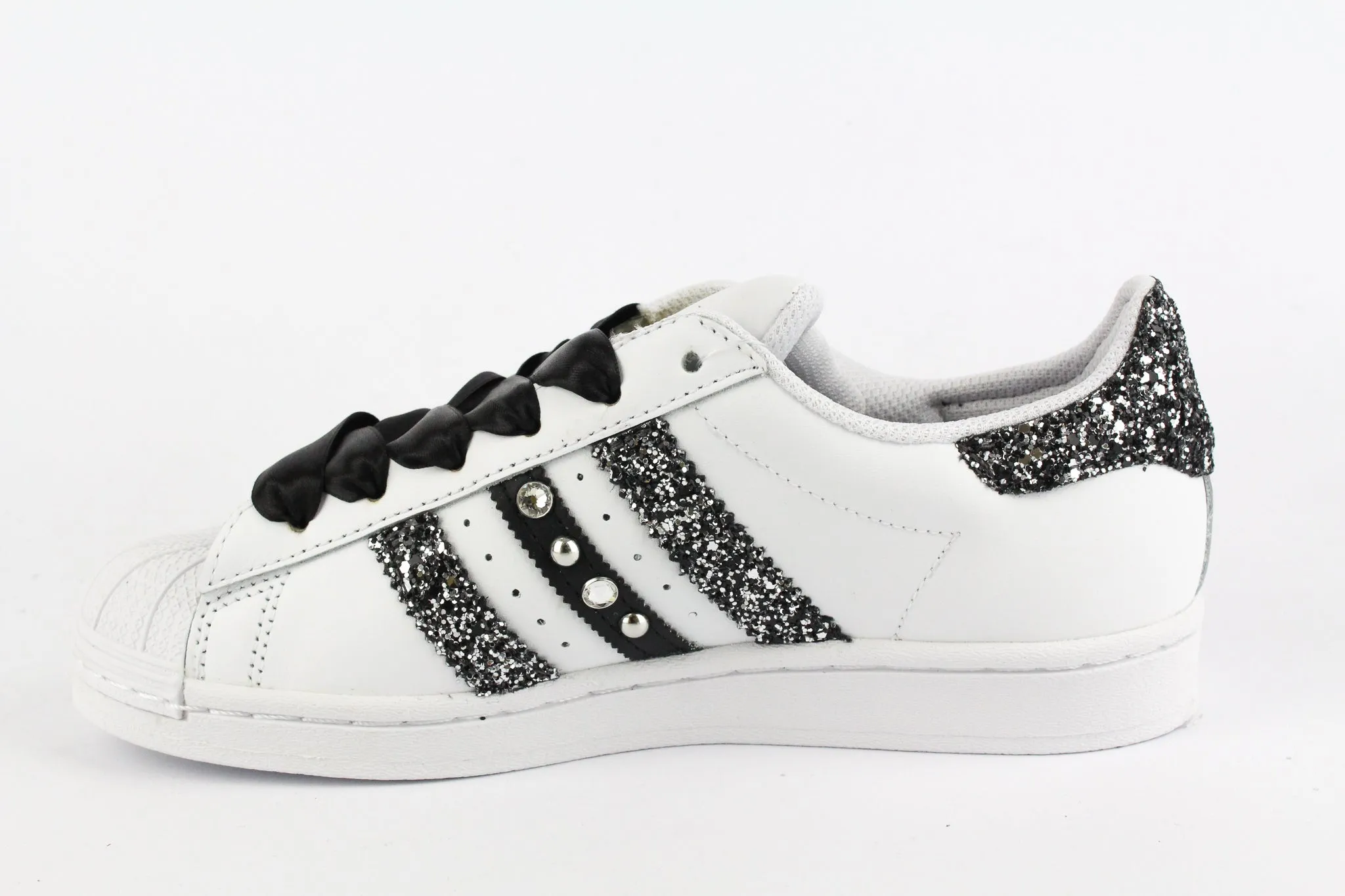 Flexible Step-On Glide Comfort Adidas Superstar Glitter Black Silver Cuore Strass & Lacci Raso