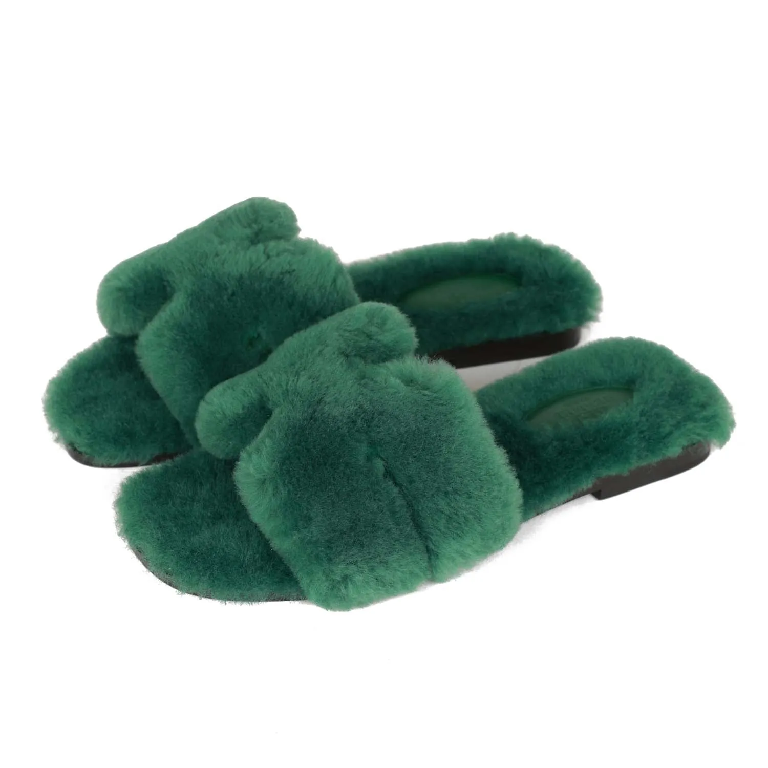 Foot Space Hermes Oran Sandals Vert Anglais Shearling 37