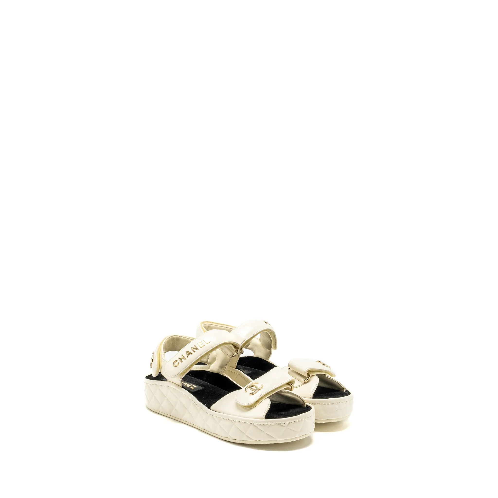 Gorgeous Platform Sandals Chanel Size 39 21B CC and Letter Logo Sandals Shiny Calfskin Ivory