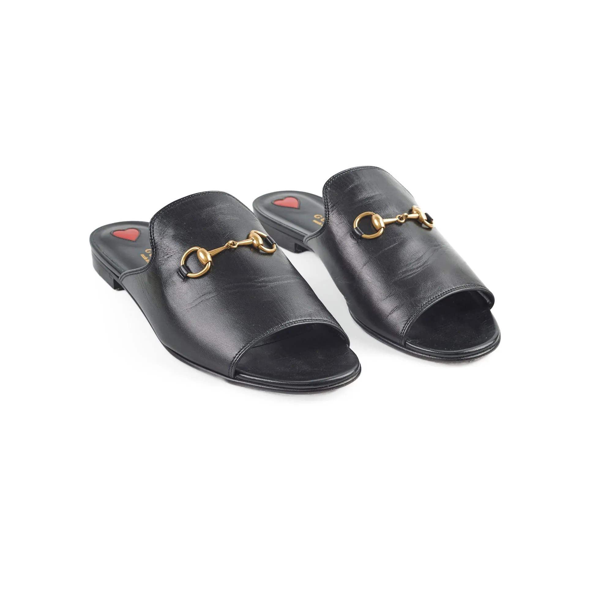 Gucci Black Leather Horsebit Malaga Kid Flat Slides Basic Style