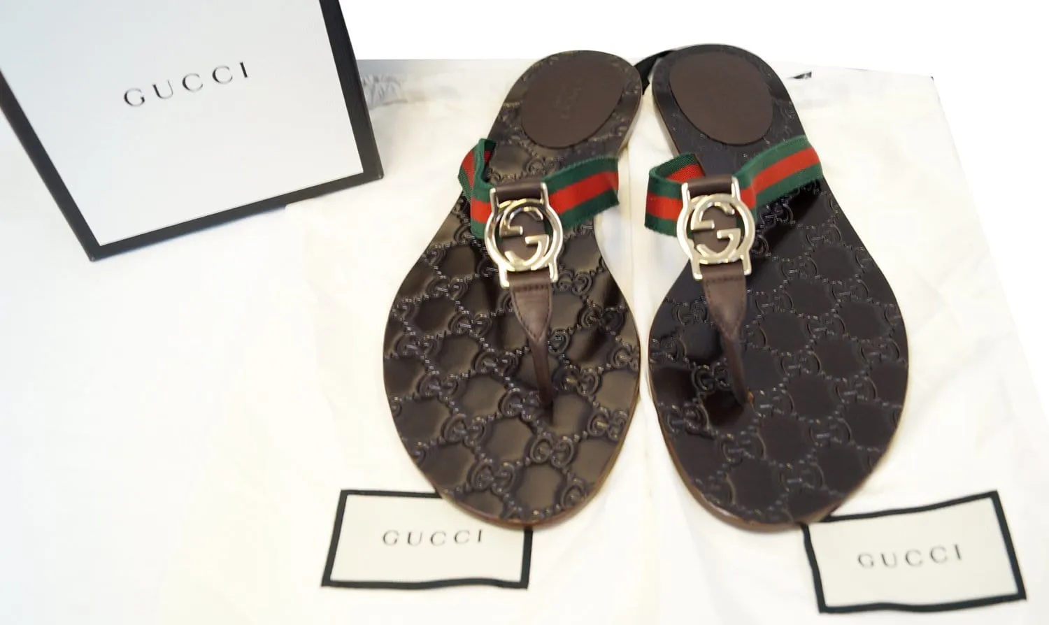 GUCCI Brown GG Thong Web Sandal Size 40.1/2 270374 Anti Slip