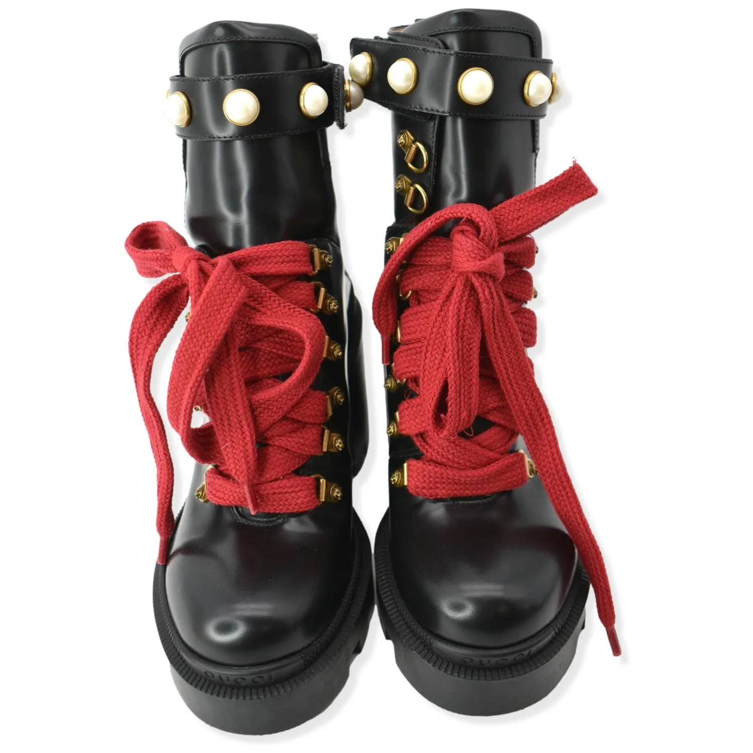 GUCCI Calfskin Pearl Lace Up Combat Ankle Boots Black 497372 Size 36.5 Slip Protection