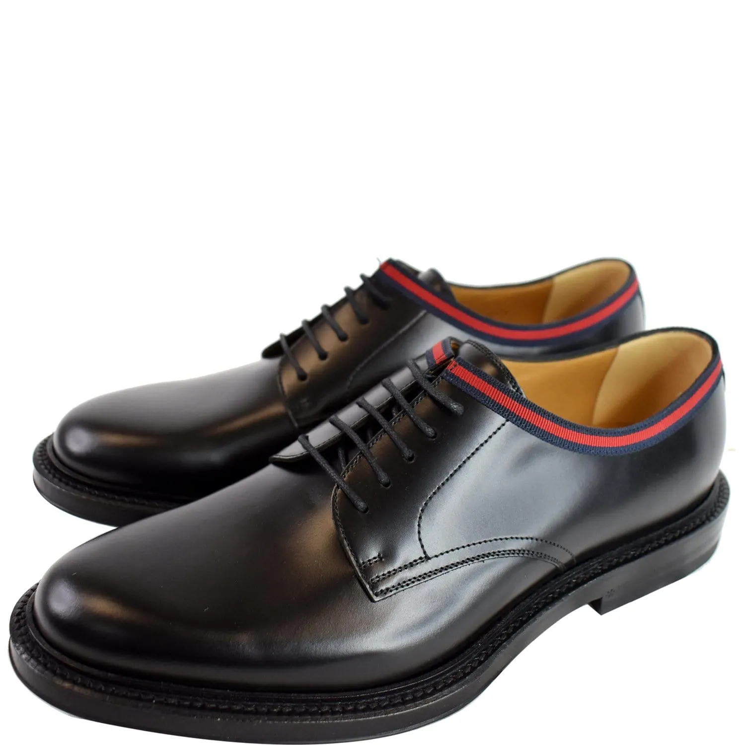 GUCCI Classic Web Lace Up Shiny Leather Shoes Black 472749  US 7 Sweat-Control