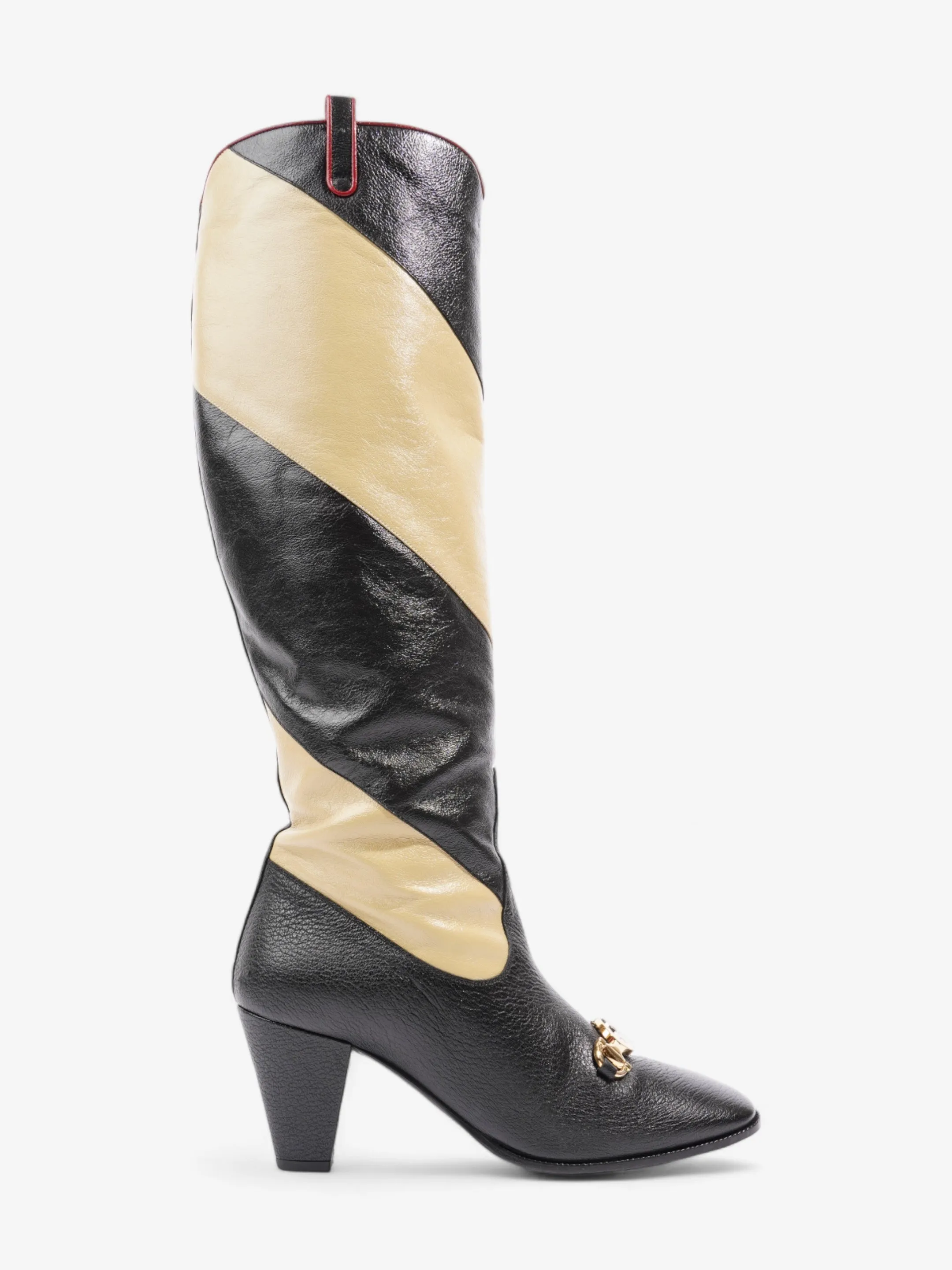 Gucci Diagonal Striped Zumi Knee Boots 60mm Black / Beige / Red Leather EU 37.5 UK 4.5 Sturdy Build