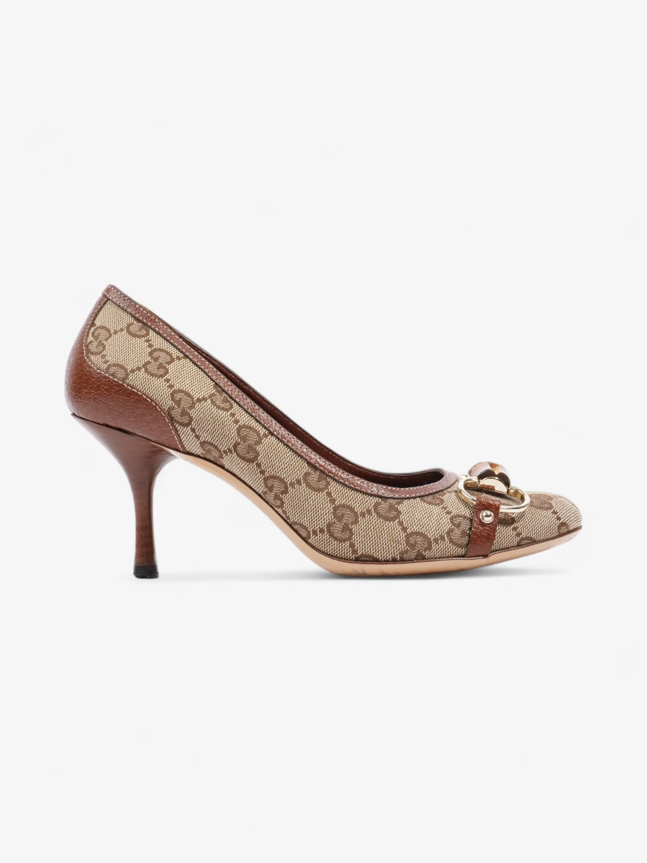 Gucci GG Bamboo Horsebit Heels 65mm GG Supreme / Brown Cotton EU 37 UK 4 Chunky Platform Heels