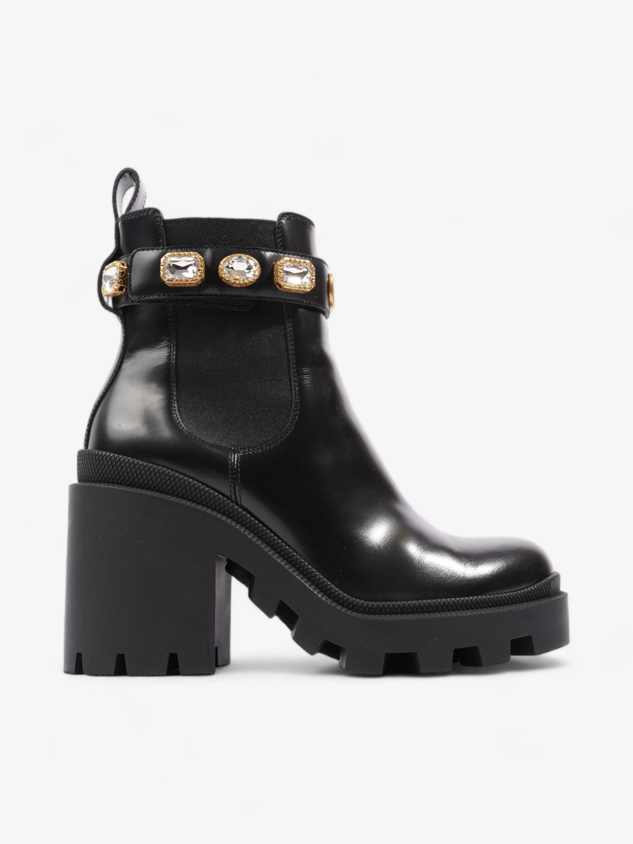 Gucci GG Jewelled Heeled Boots 85mm Black Leather EU 37 UK 4 Grip shield