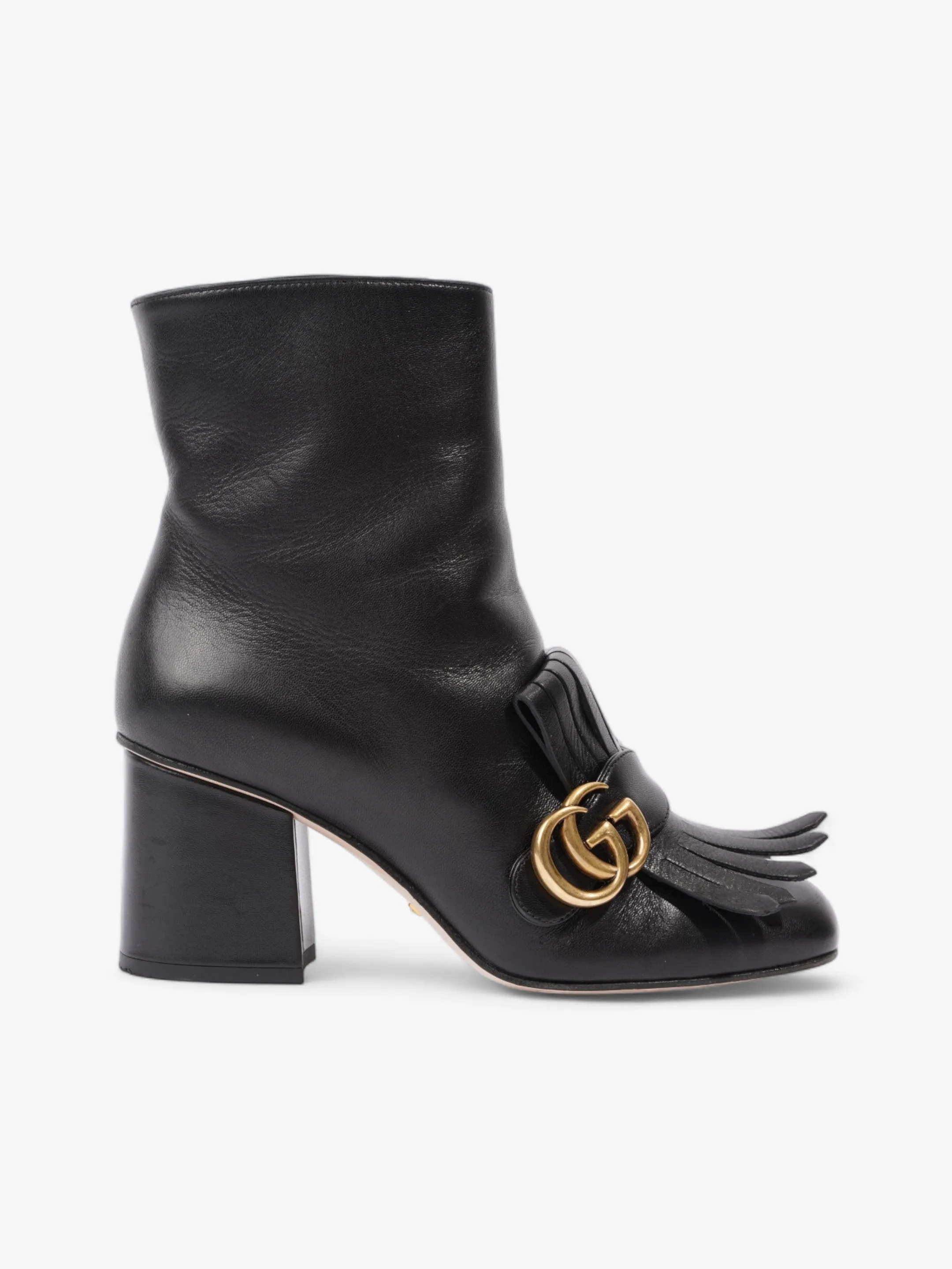 Gucci GG Marmont Fringe Block Heel 70mm Black Leather EU 37 UK 4 Wide Strap Heels