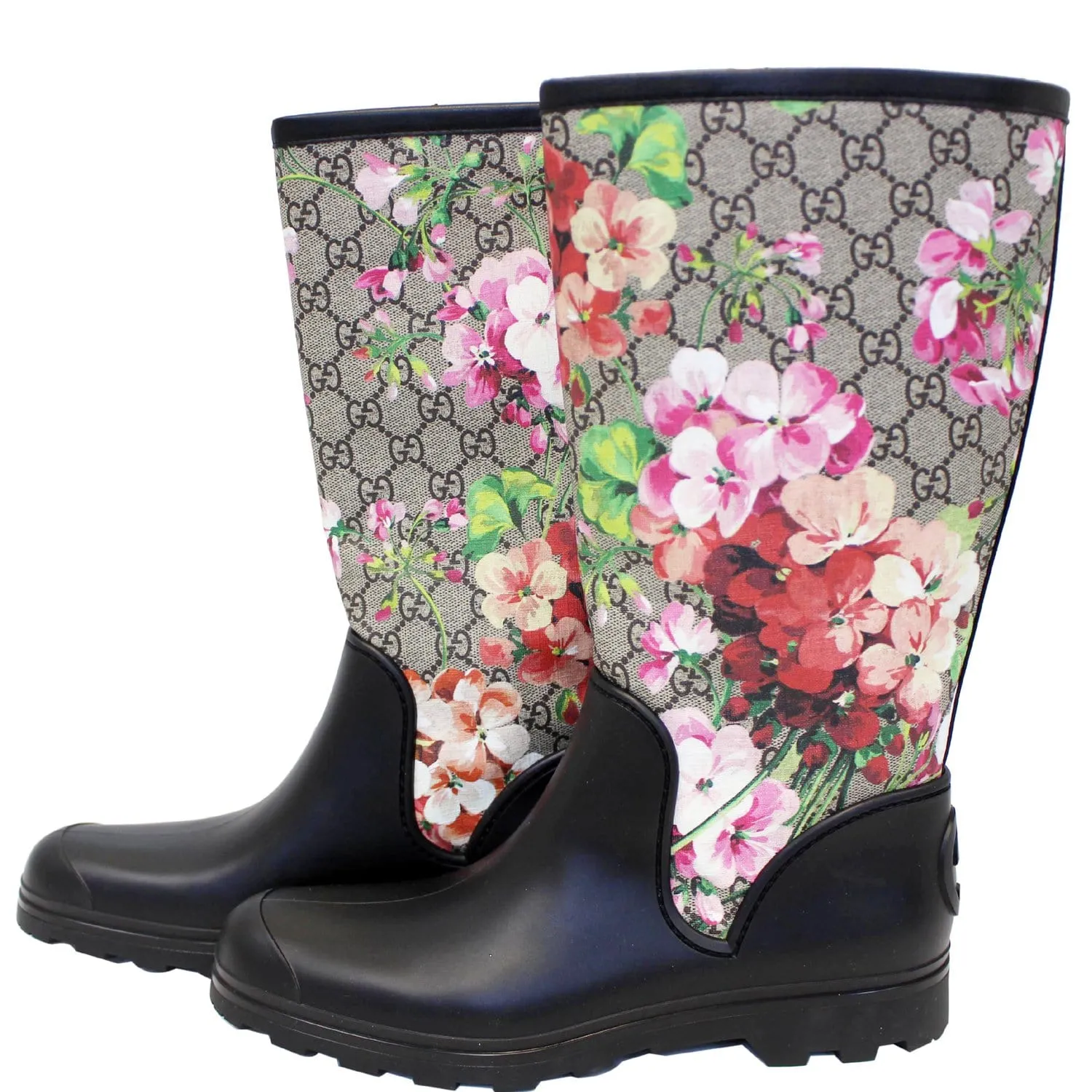 GUCCI GG Supreme Monogram Blooms Flat Rubber Boots Size 41 Secure Hold