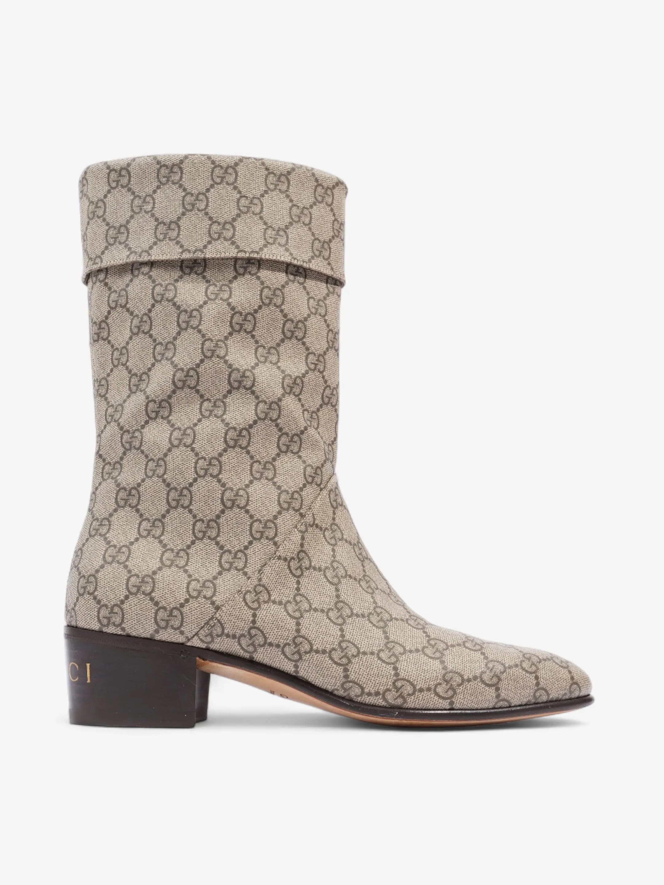 Gucci Heeled Ankle Boots 50mm Beige And Ebony GG Supreme Fabric EU 41 UK 7 Full Coverage