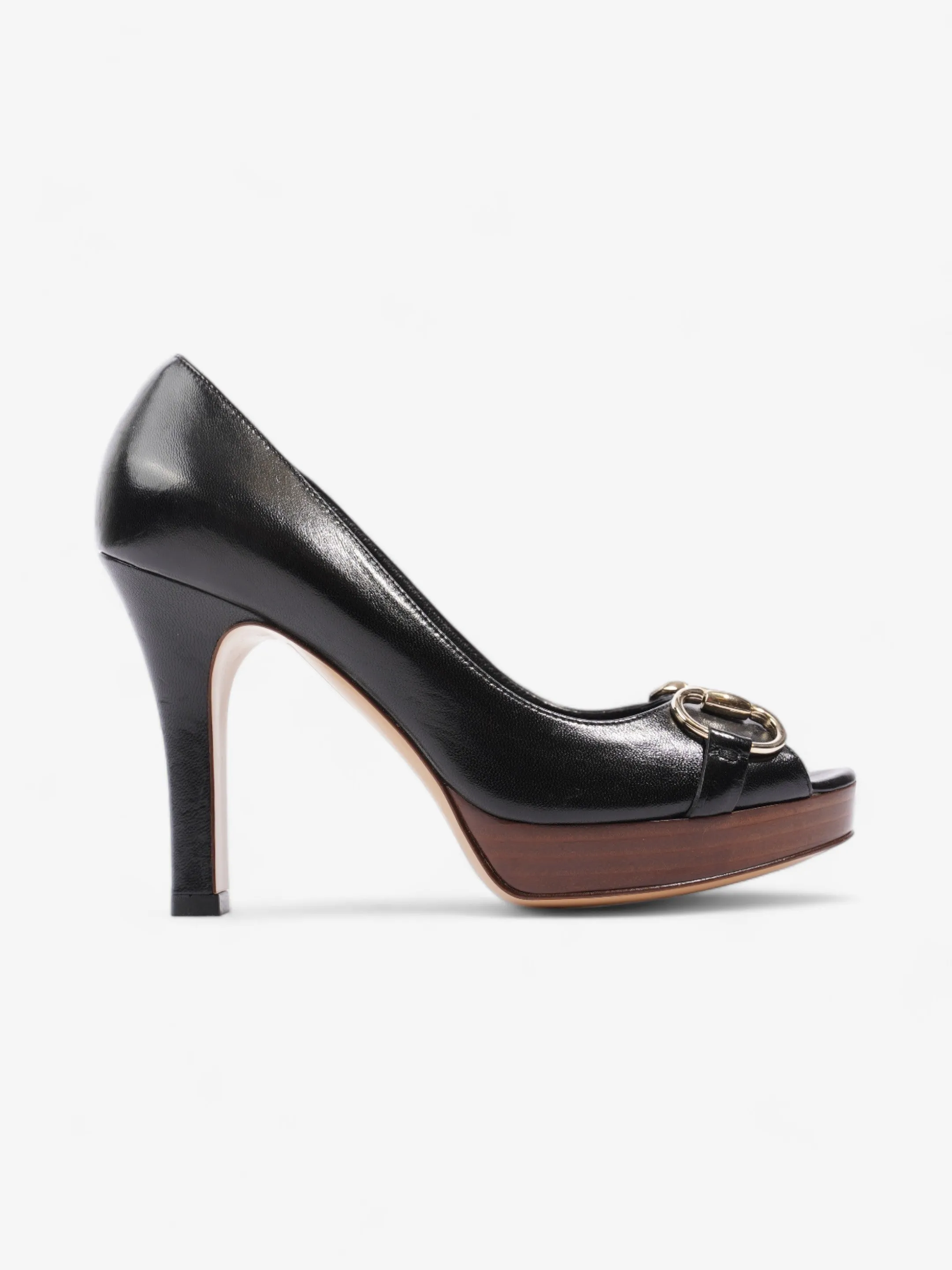 Gucci Horsebit Open Toe Heels 90 Black Leather EU 35.5 UK 2.5 Mid Top Style