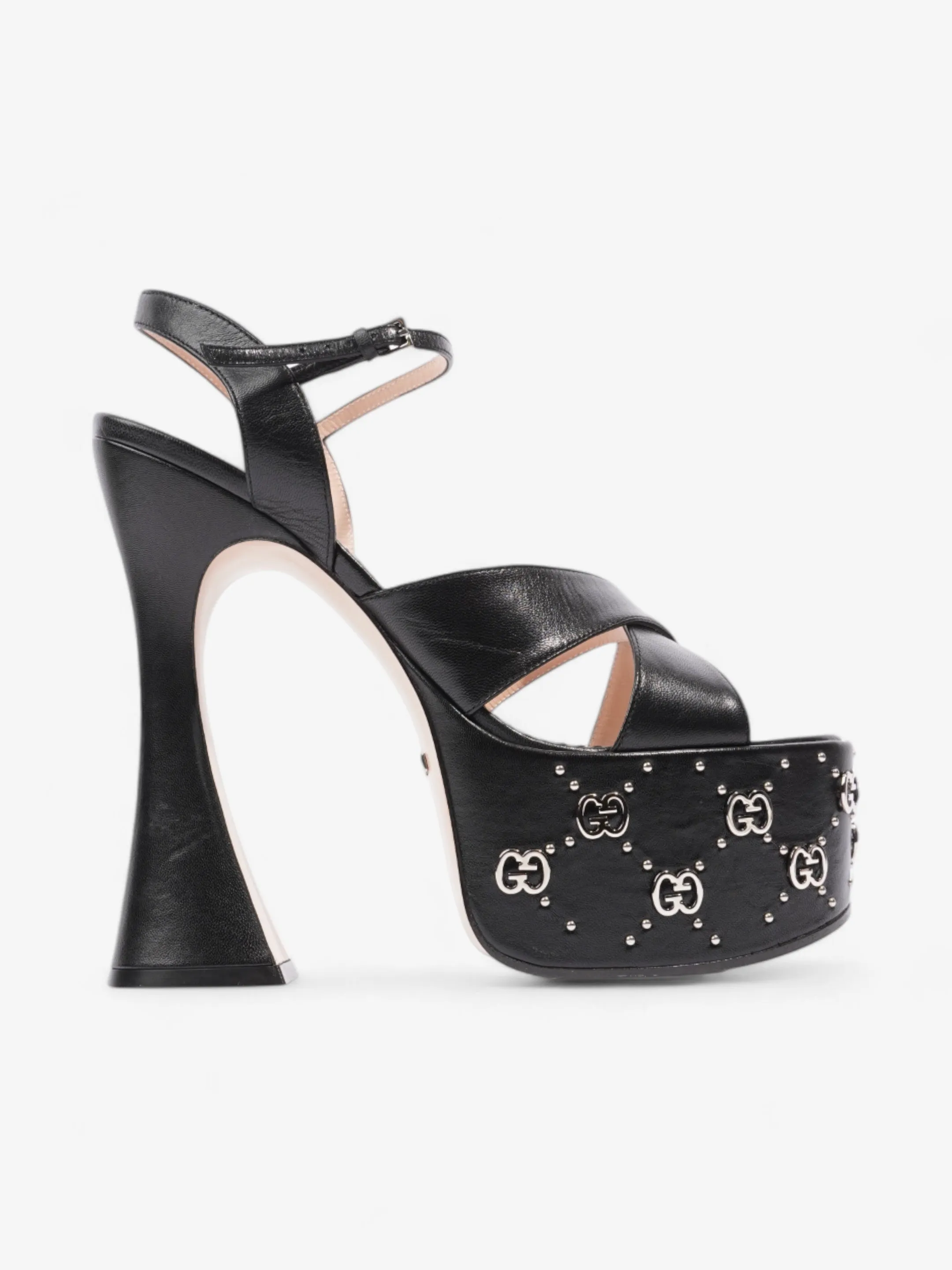 Gucci Interlocking G Stud Platform Heels 160mm Black / Silver Leather EU 39.5 UK 6.5 Versatile