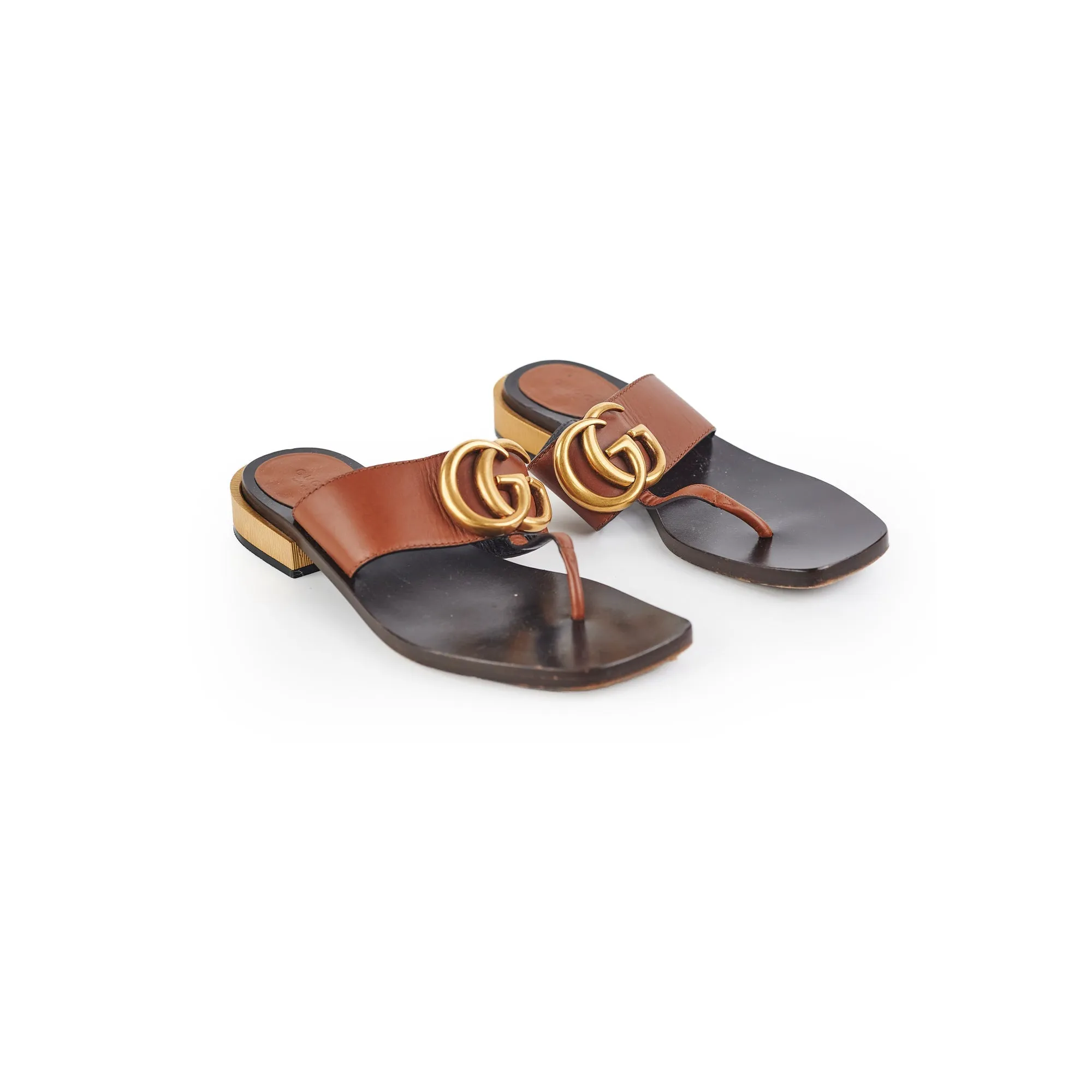 Gucci Marmont Leather Sandals Brown Size 37.5 Neutralizing Tech
