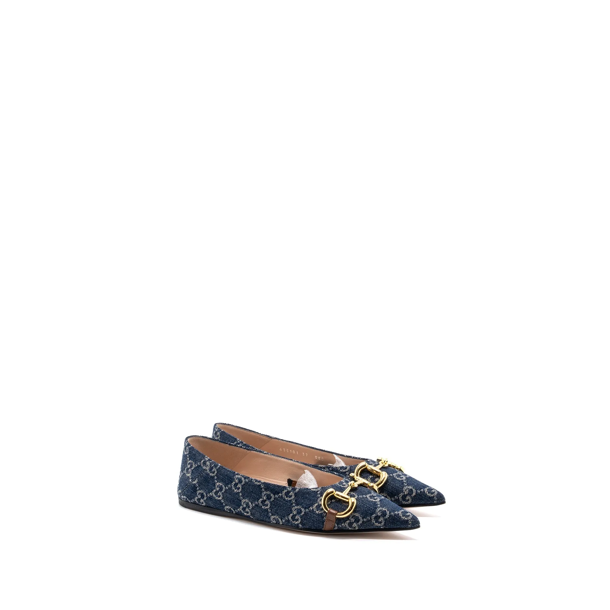 Gucci Size 37 GG Horsebit Ballerina Shoes GG Supreme Denim Travel-Easy