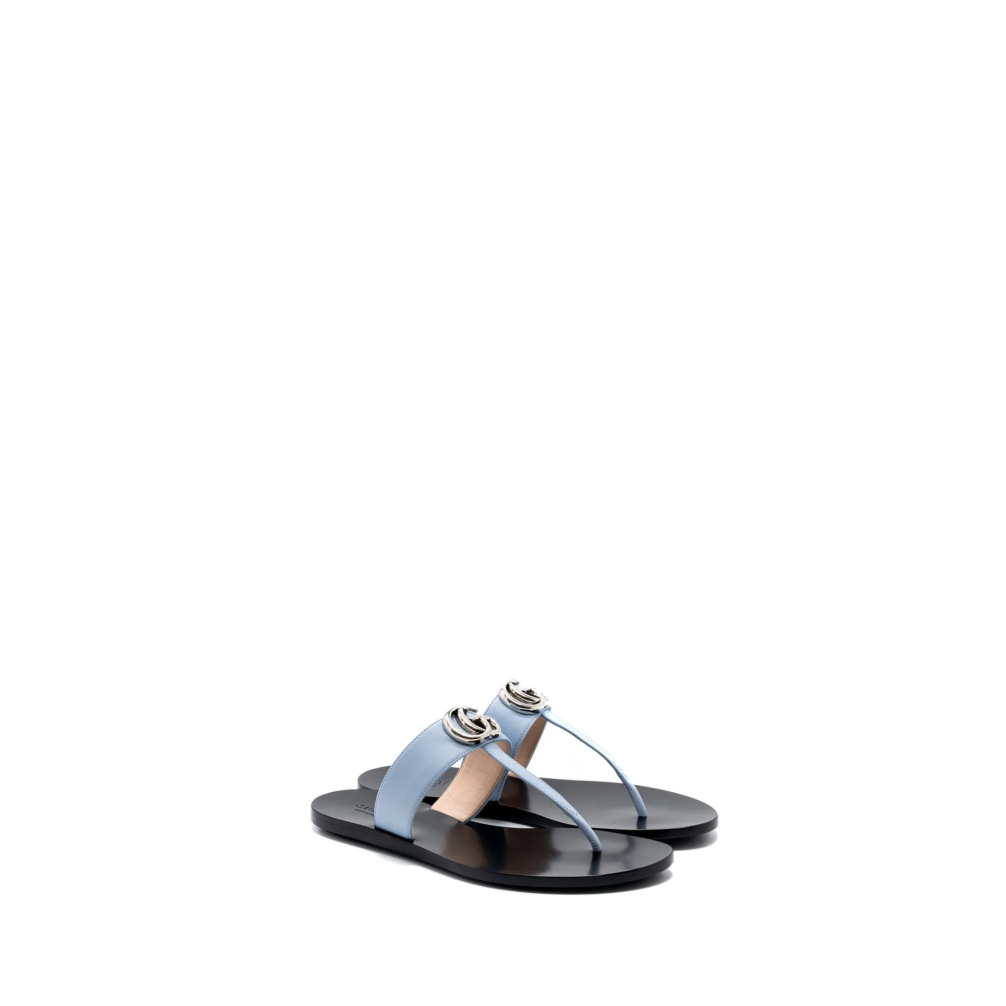 Gucci Size 37 Leather Thong Sandal With Double G Leather Light Blue SHW Versatile Travel Shoes