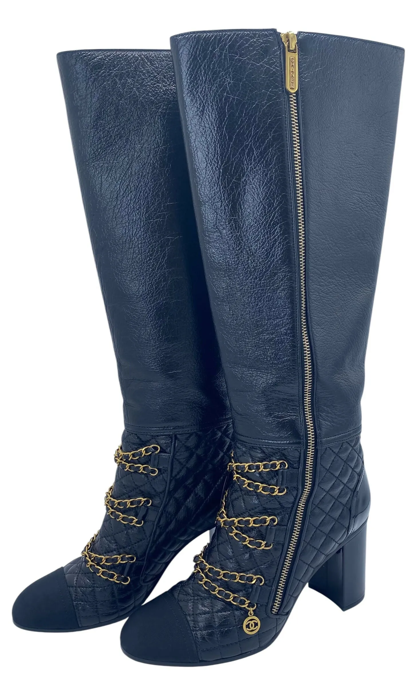 Hard Grip Chanel 2018 Black Gold Leather Quilted Chain High Heel Boots EU 39