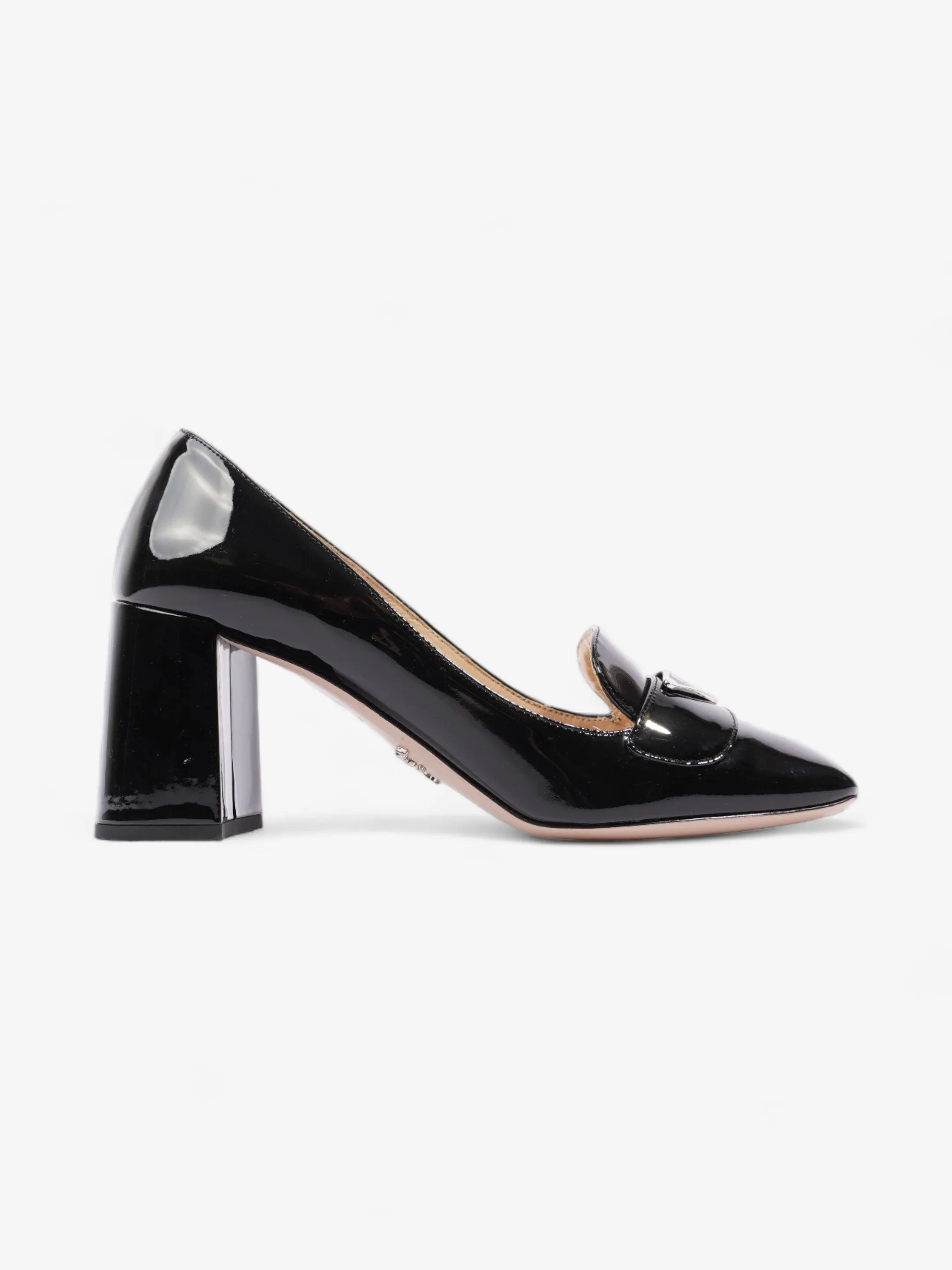 Heart Shaped Heels Prada Logo Block Heels 7.5cm Black Patent Leather EU 38 UK 5