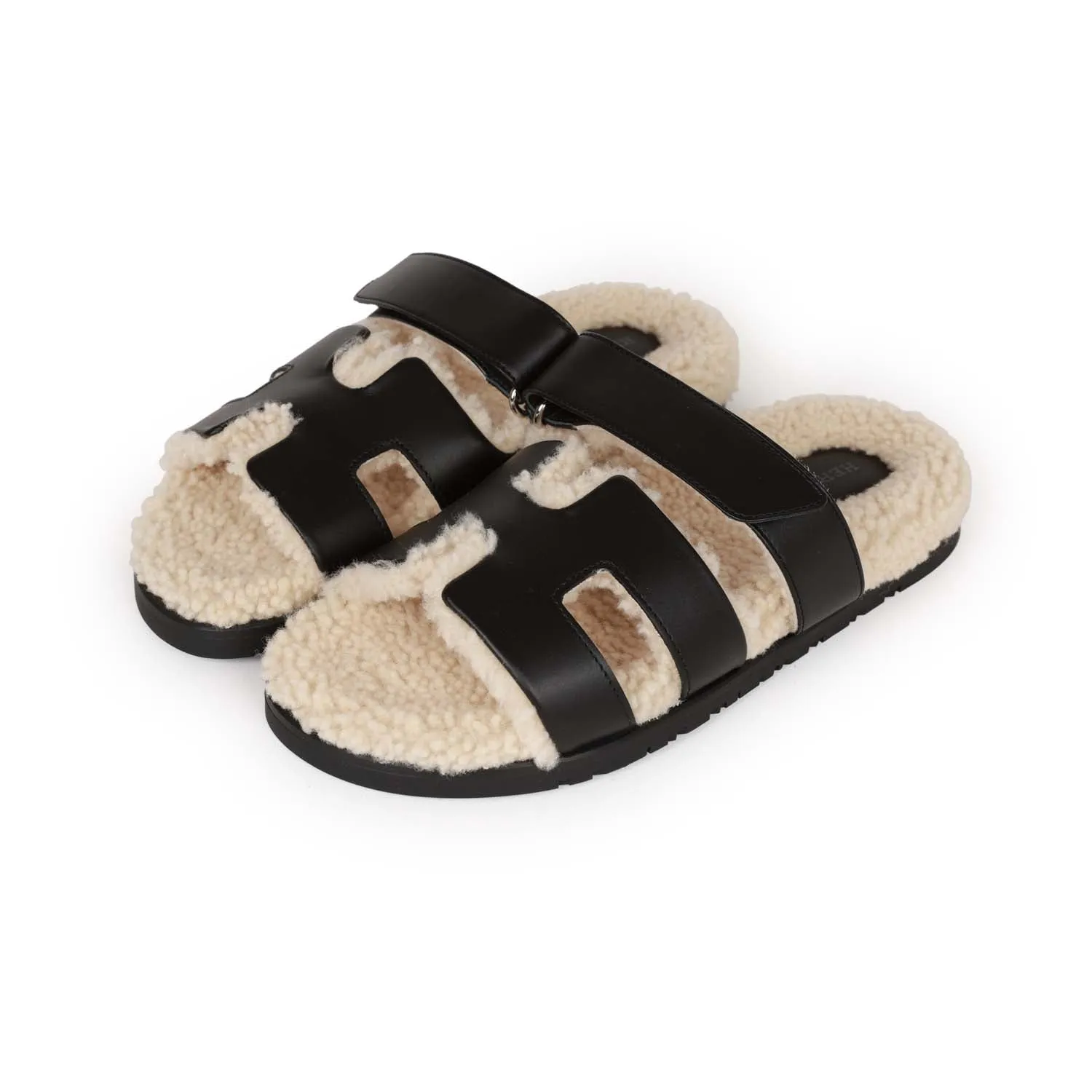 Hermes Chypre Sandals Black and Ecru Shearling 38 Sexy Heel Sandals