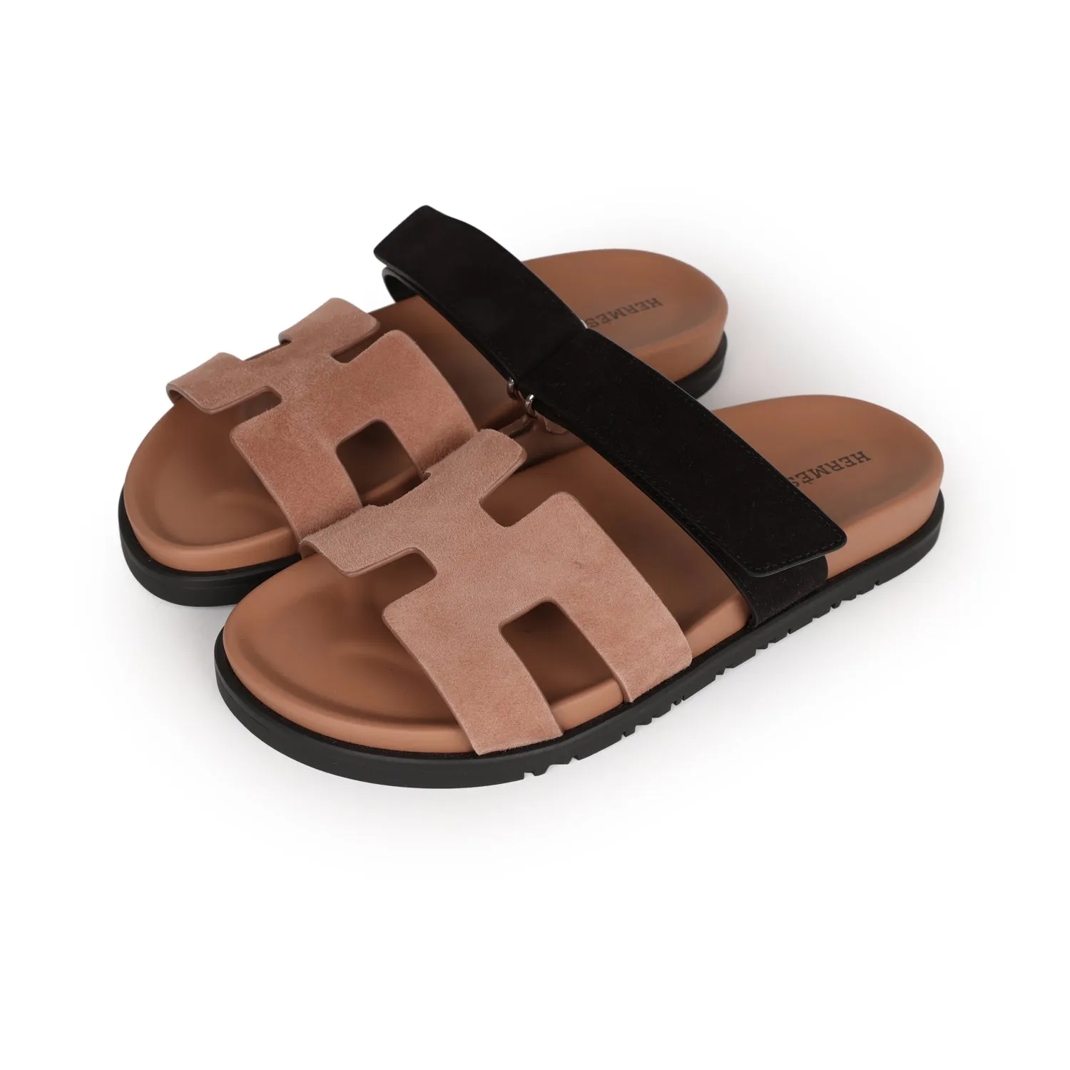Hermes Chypre Sandals Rose Perle and Black Suede 38 EU Luxurious Strappy Heels