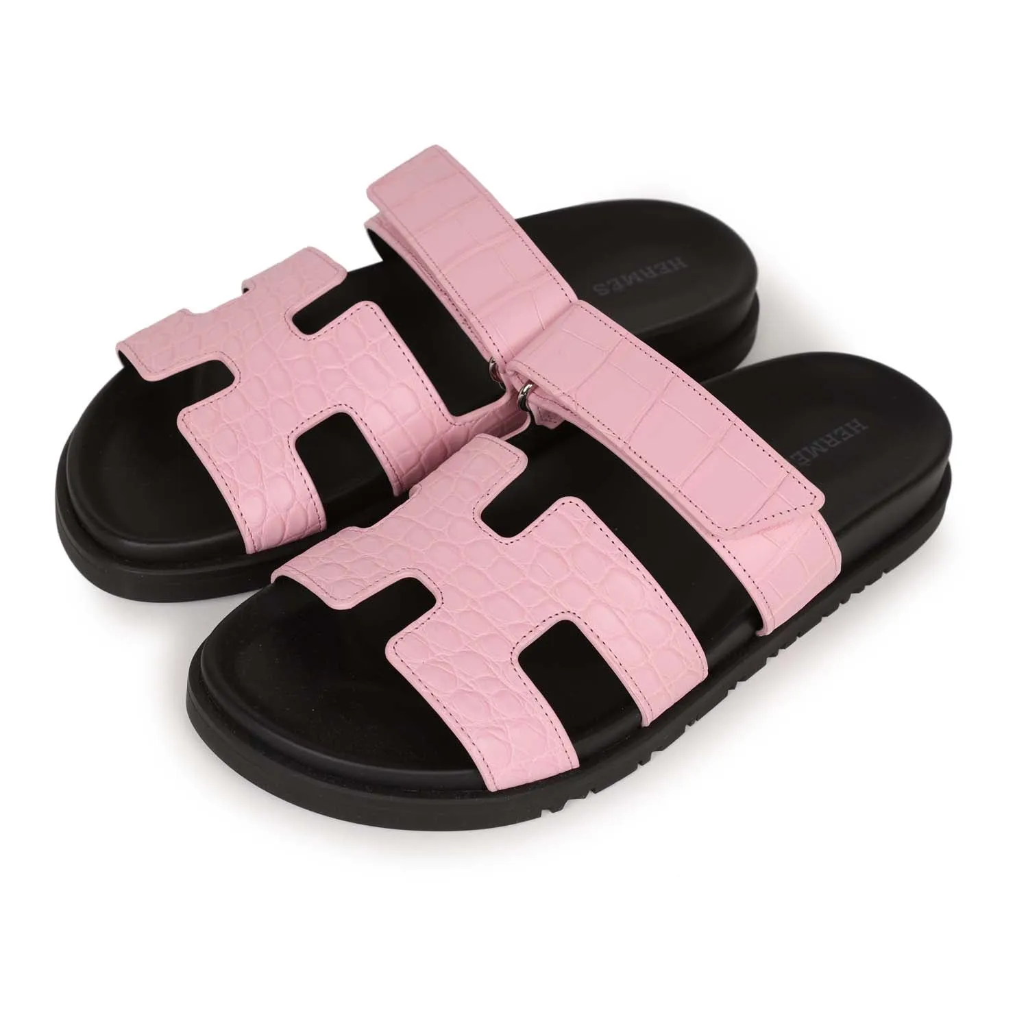 Hermes Chypre Techno Sandals Pink Matte Alligator Palladium Hardware 38 Tread Free