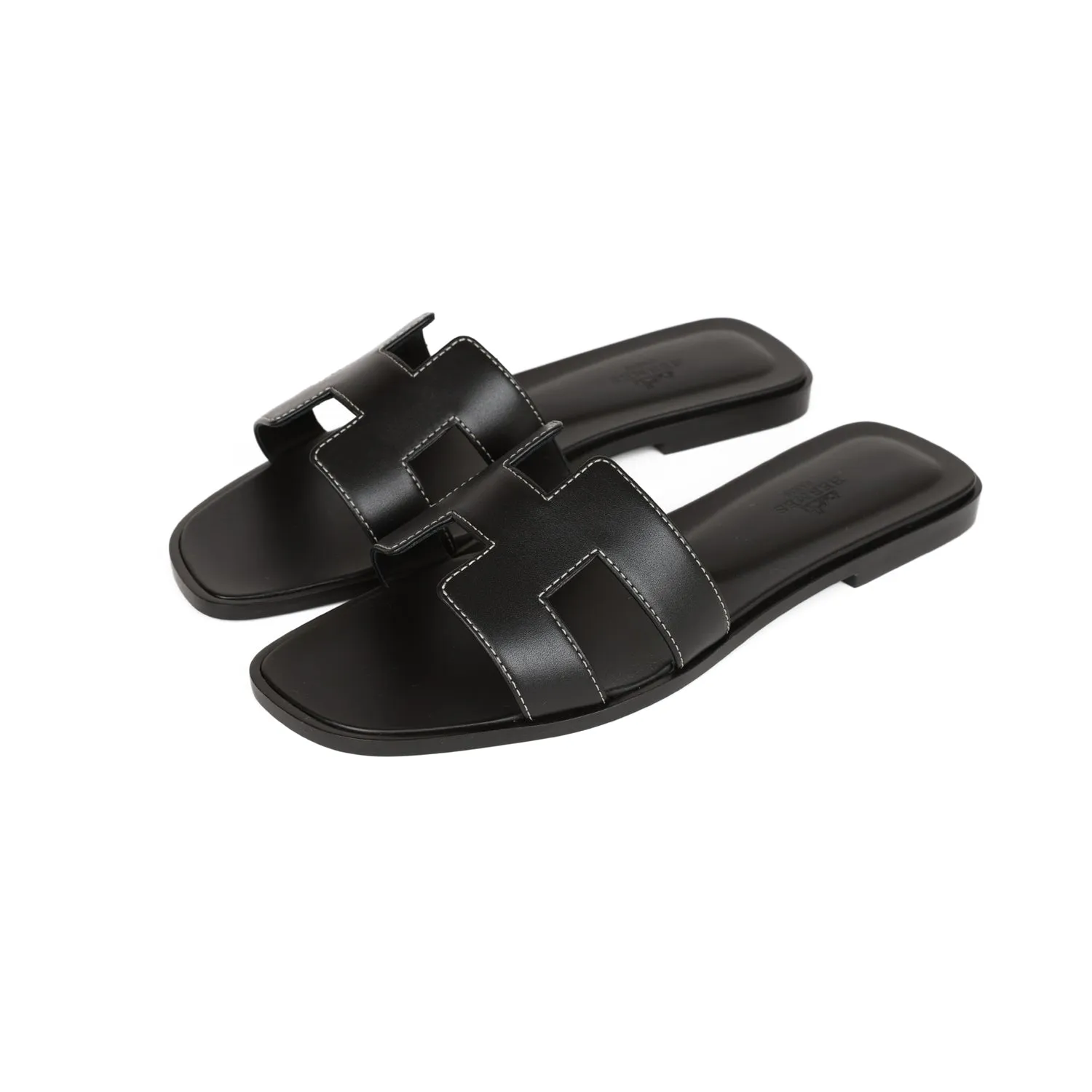 Hermes Oran Sandals Black Box Calfskin 38 Weatherproof