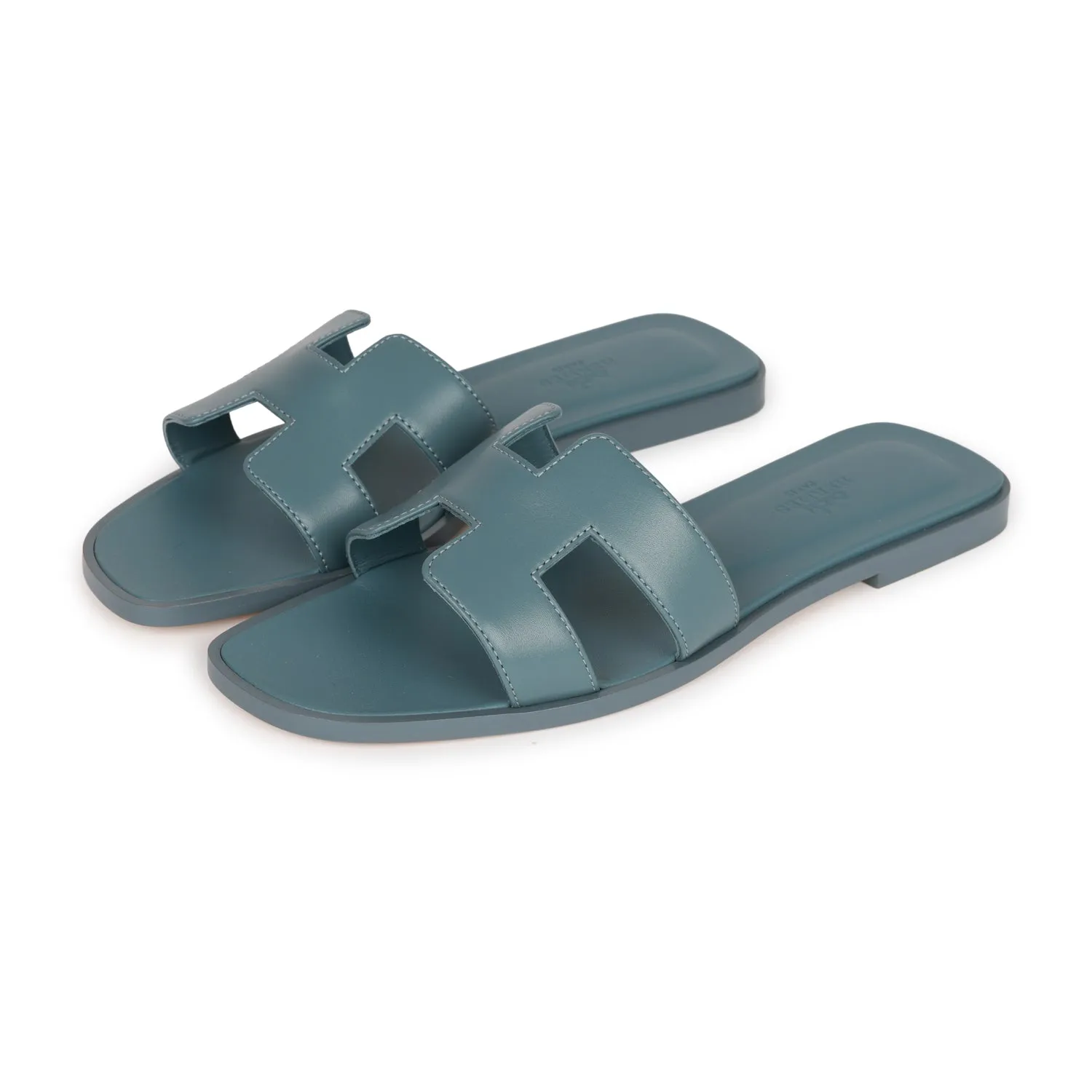 Hermes Oran Sandals Bleu Pinede Box Calfskin 38 Slip-Resistant Comfort