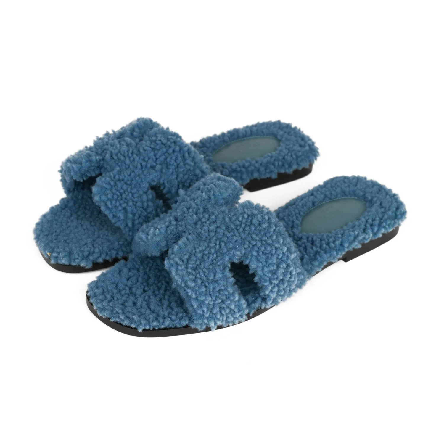 Hermes Oran Sandals Bleu Woolskin 36.5 Tall Heels
