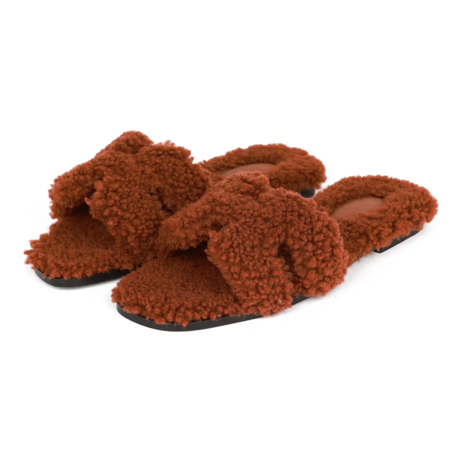 Hermes Oran Sandals Cognac Woolskin 38 Runway-Worthy