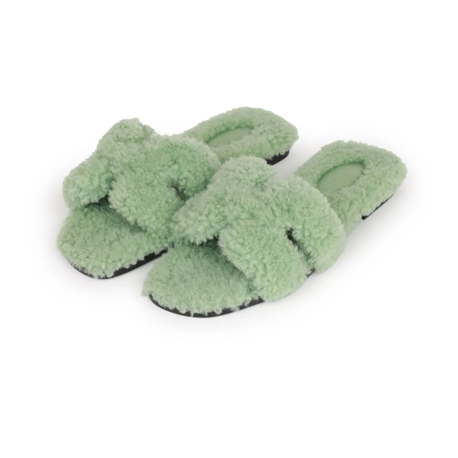 Hermes Oran Sandals Vert D'eau Woolskin 37 Beach Heels